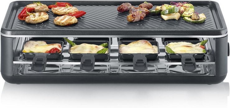 SEVERIN Raclette Grill for 8 People, Raclette with Large Non-Stick Grill Plate, Extra Deep Pans, Dishwasher Safe, Table Grill, Black Line Lite, RG 2365