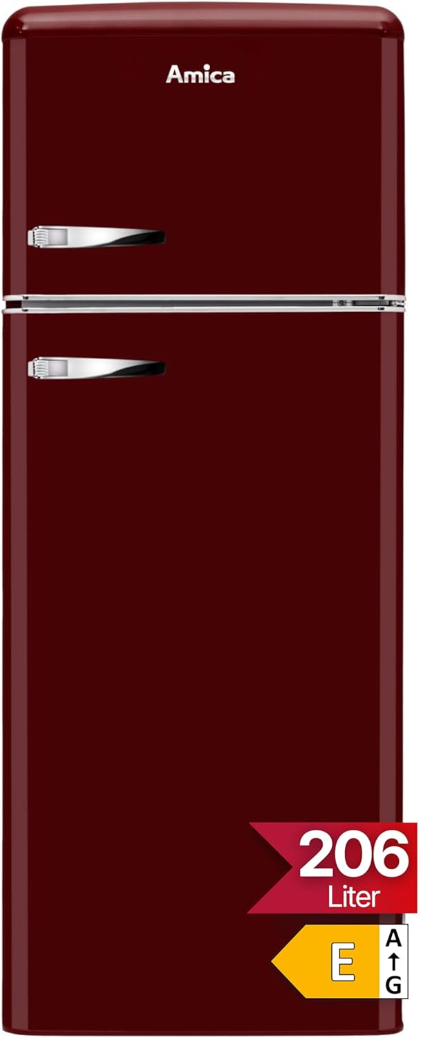 Amica KGC 15631 R Retro Fridge/Freezer Combination / Wine Red / 144 cm (H) x 55 cm (W) x 62 cm (D) / Retro Design / Fridge with Freezer Compartment
