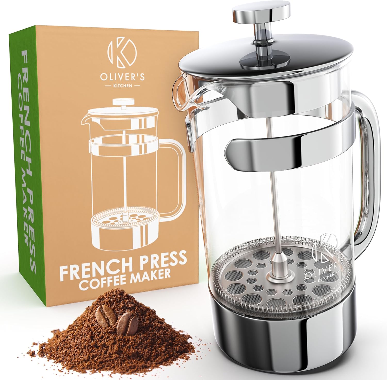 Oliver\'s Kitchen French Press 1 Litre - Elegant Glass Coffee Maker - Coffee Machine for Authentic Coffee Enjoyment - Heat Resistant and Practical