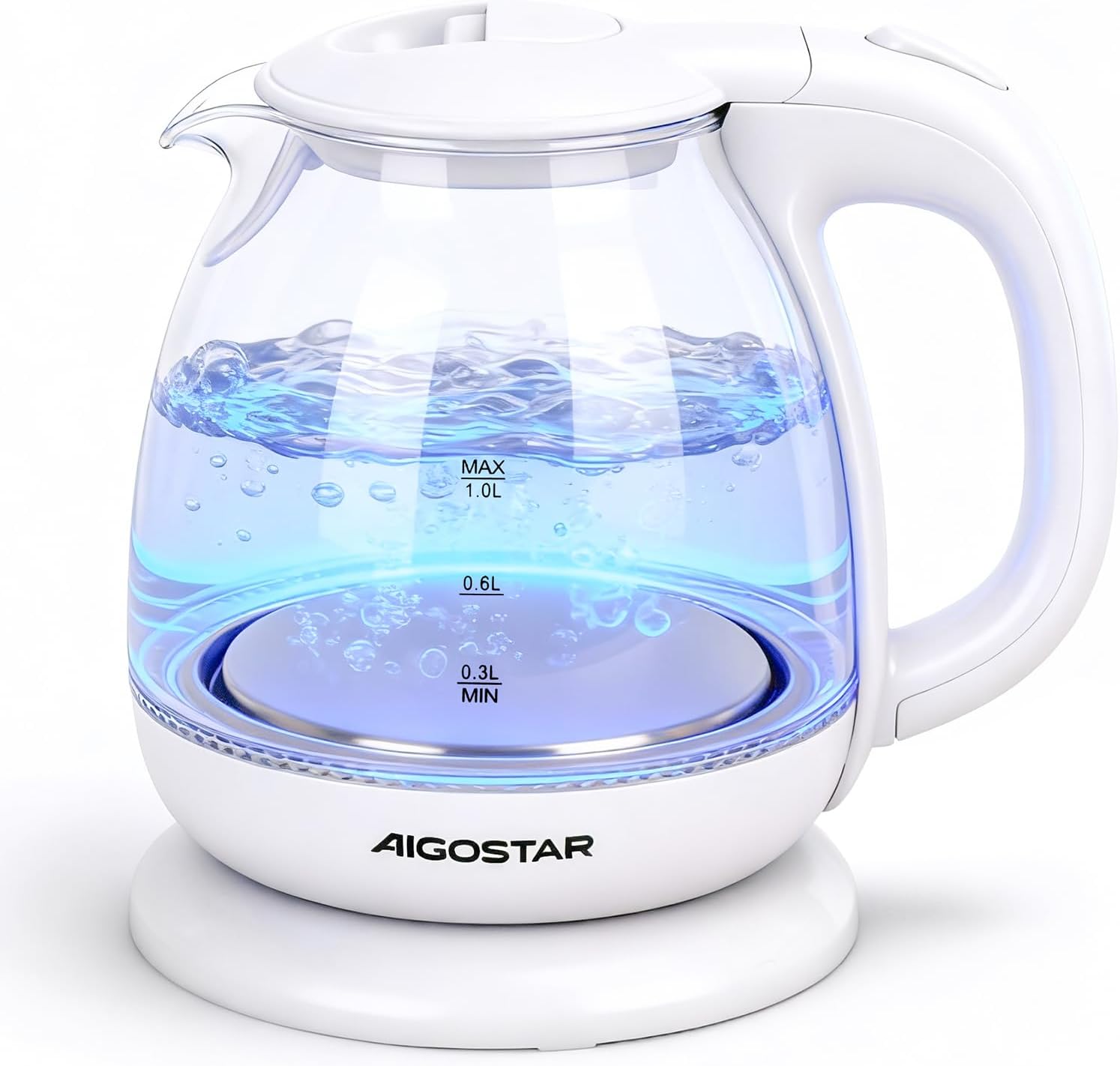 Aigostar Glass Kettle, Small Kettle Glass with LED Lighting, 1 Liter, 2200 W, Small Kettle, Quick Boil Function, Automatic Shut-Off, Dry Protection, BPA-Free, White (White, 1L)