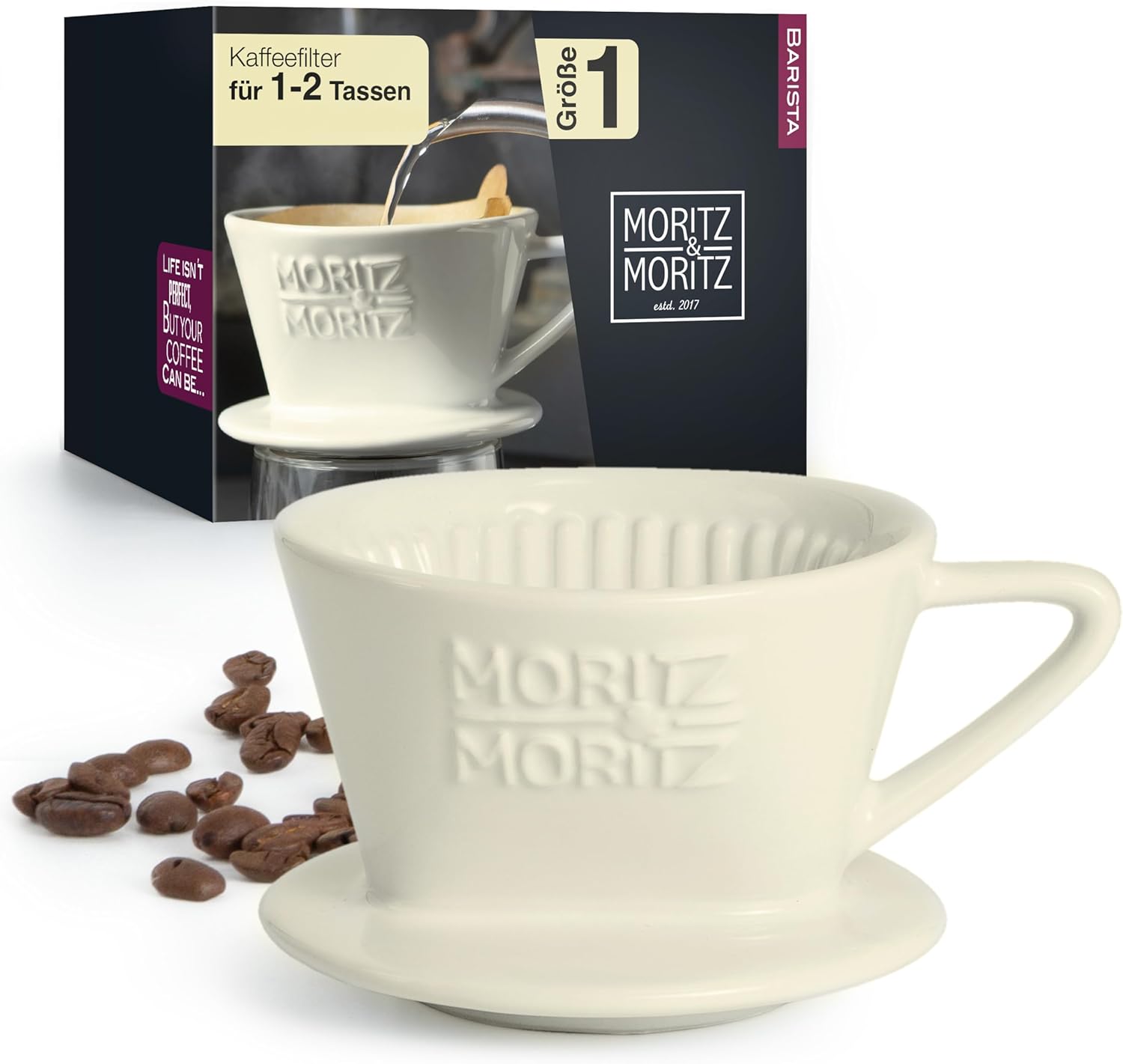 Moritz & Moritz Permanent Coffee Filter Caffé Italia – An Excellent Aromatic Coffee Flavor Hand Coffee Filters Size 1 for 1-2 Cups – Ceramic White – Premium Quality