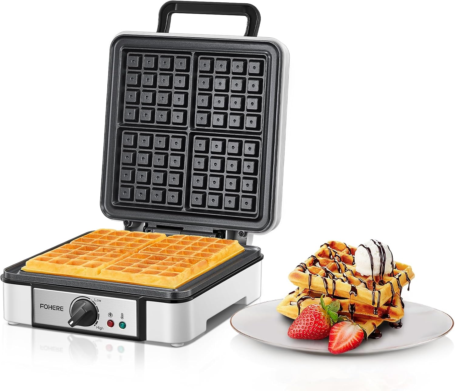 XXL 4 Waffle Irons 1200 Watt Waffle Maker Panini Grill Waffle Toaster Electric Grill XXL Waffle Maker Non-Stick Coating FOHERE Waffle Maker