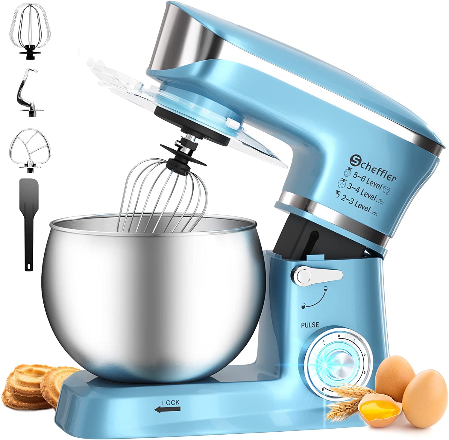 Scheffler Food Processor 2000 W Kneading Machine, 6 L Food Processor XL, Dough Machine, 6 Speeds, 8 Other Accessories Included, Dough Hook, Flat Stirrer, Whisk (6l-Blue)