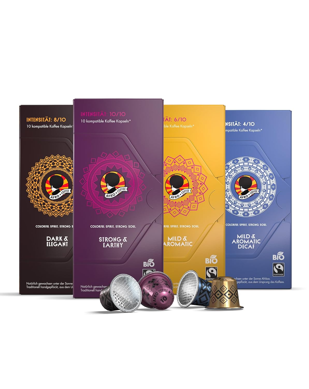 AFRO COFFEE 40 Coffee Capsules Tasting Set, 4 Varieties with Decaf, Premium Coffee Capsules, Organic Fairtrade, Arabica & Robusta Coffee in Compatible Coffee Capsules, East Africa Coffee, Low Acid,