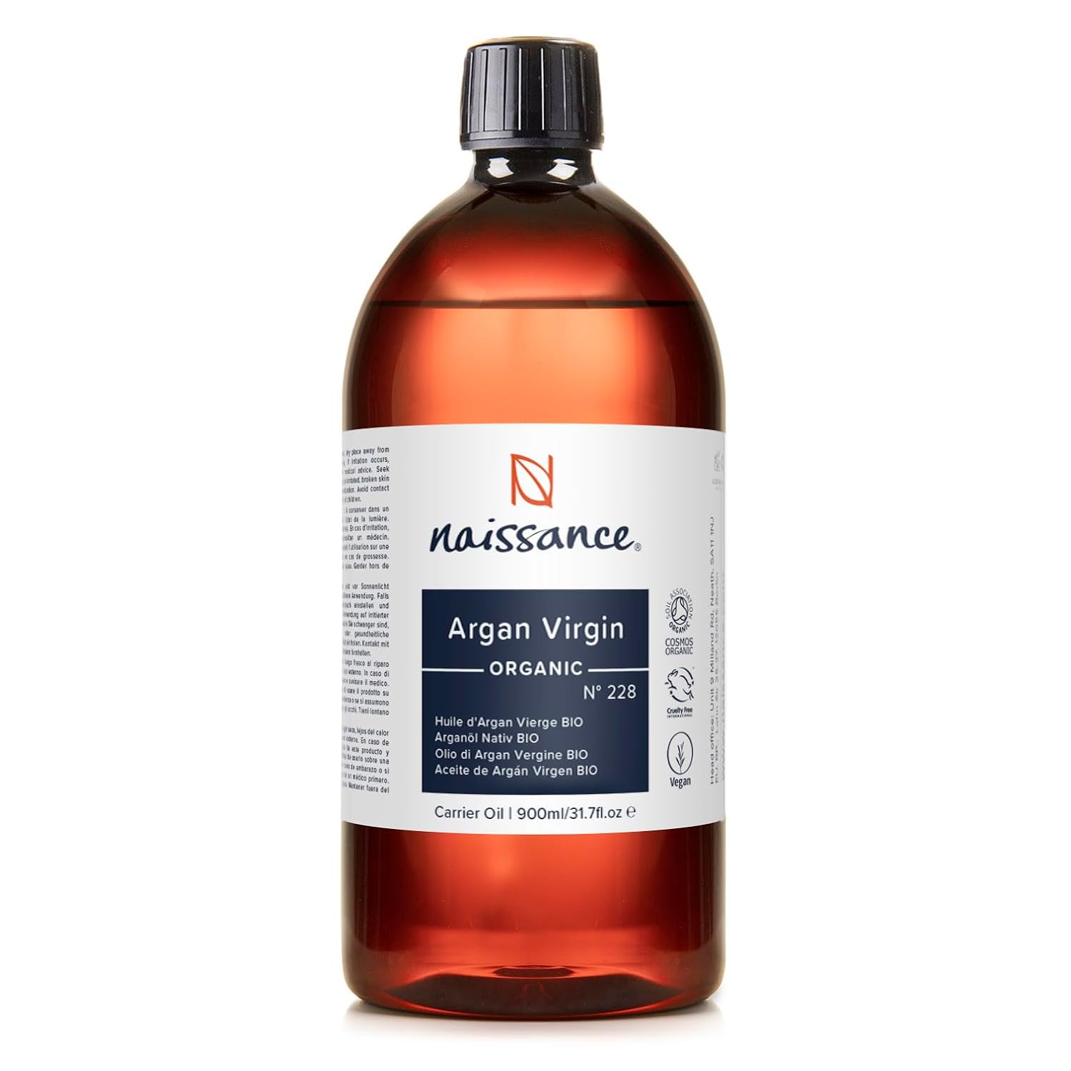 Naissance Moroccan Argan Oil Organic (No. 228) – 900 ml – Cold Pressed, Natural – Care Oil for Face, Skin, Hair, Beard & Cuticles