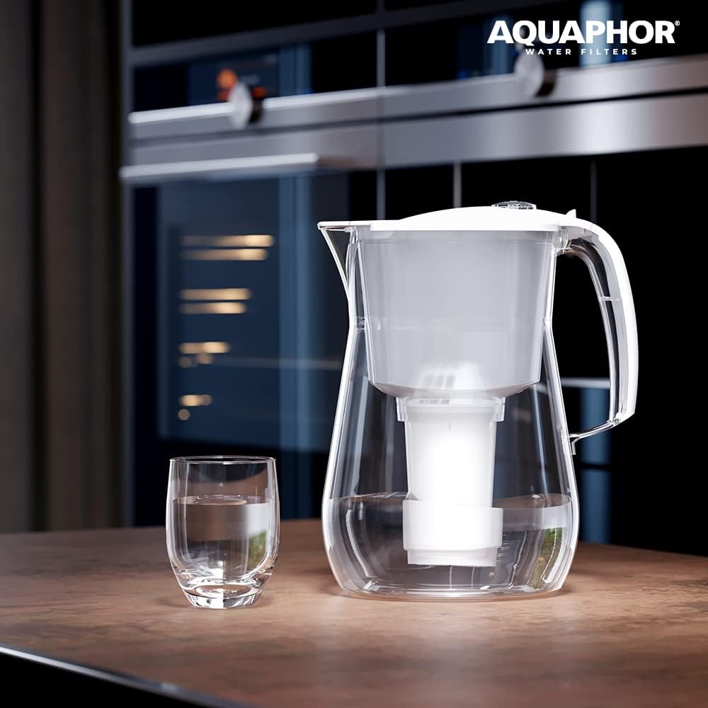 AQUAPHOR Store AQUAPHOR Provence Water Filter White Including 2 A5 Filters I Carafe for 4.2 L I Large Water Dispenser in Glass Look I Reduces Limescale & Chlorine I Table Water Filter I Stylish Container I Perfect