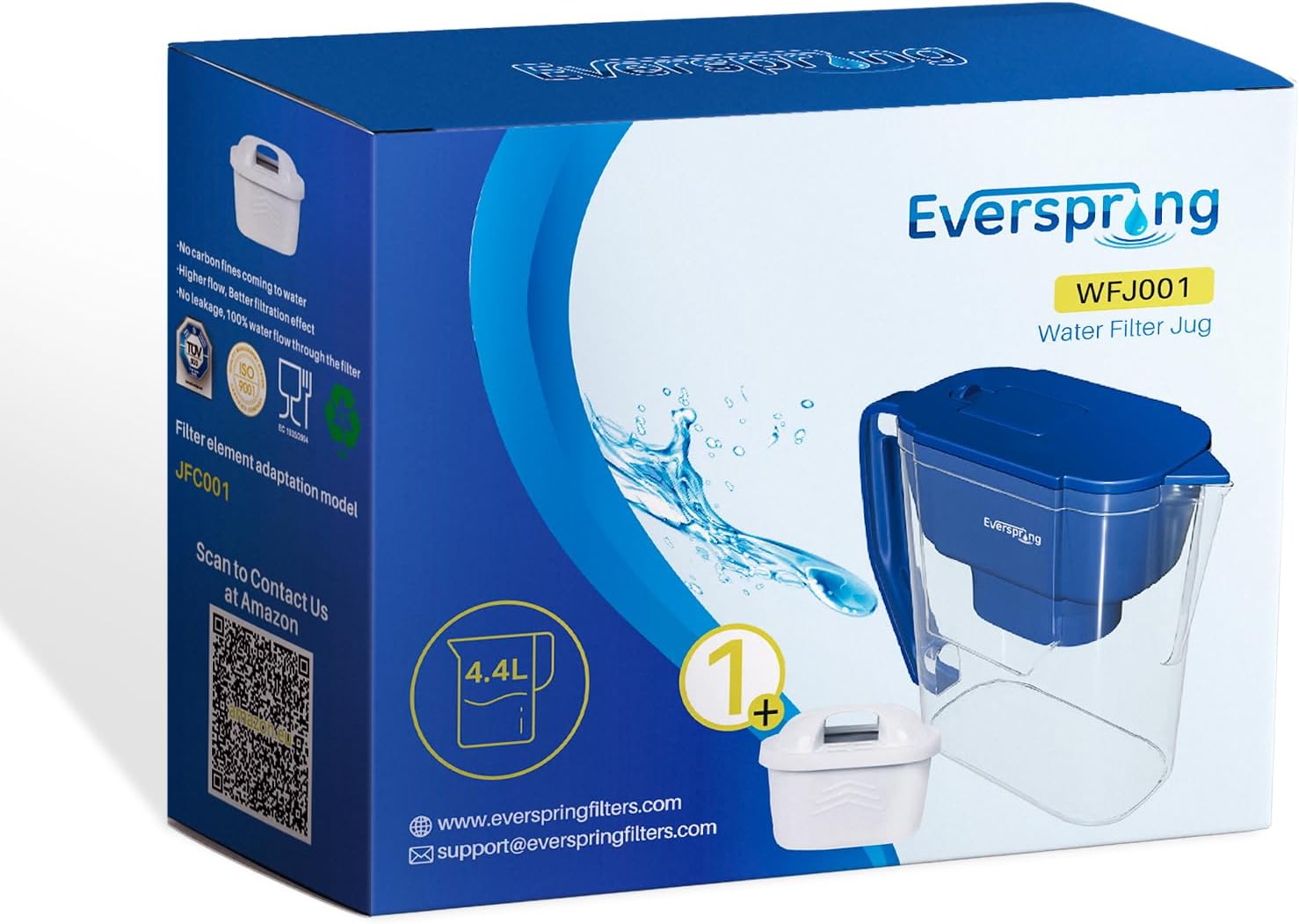 EVERSPRING Water Filter Jug Contains 1 x Jug Filter, Compatible with Brita Water Filter Cartridges, Brita Maxtra, Maxtra +, Large Capacity 4.4 L, Reduces Limescale and Chlorine