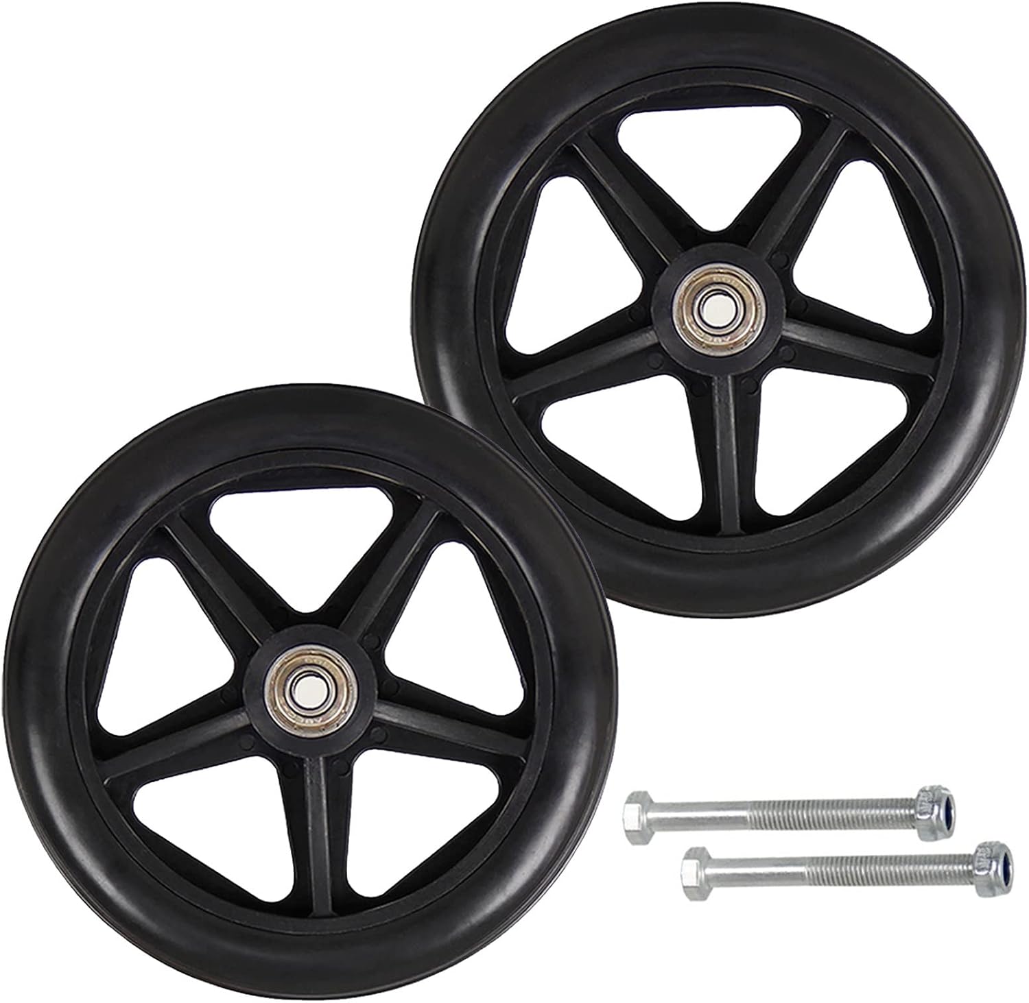 BEdaw Replacement Wheel for Rollators, Front Wheel for Rollators, 6 Inches, 7 Inches, 8 Inches, Silence Non-Slip, Pack of 2 Solid Tyres for Wheelchairs with Disabilities, with Screws/Bearing/Black/8