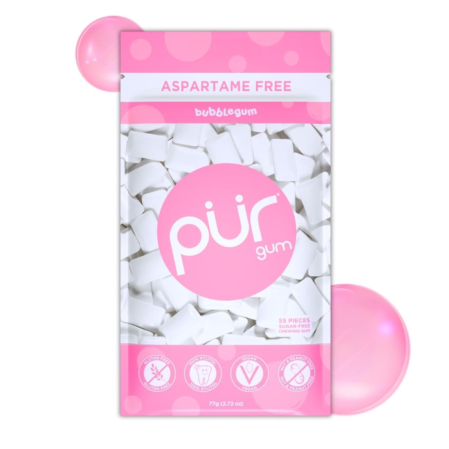 PUR Gum Store PUR Gum | Sugar-Free Chewing Gum | 100% Xylitol | Vegan, Aspartame-Free, Gluten-Free & Diabetic-Friendly | Natural Bubble Gum Flavored Chewing Gum, 55 Pieces (1 Pack)