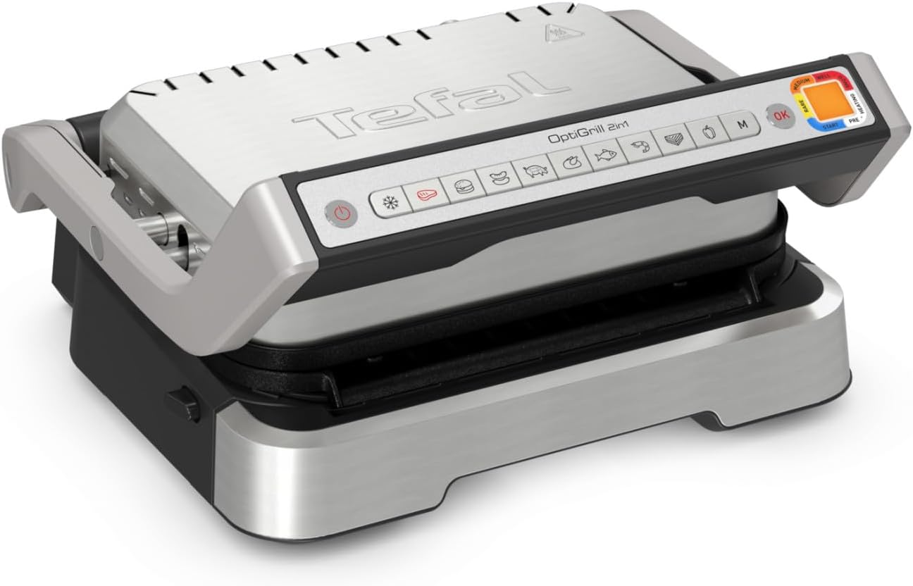 TEFAL OptiGrill 2-in-1 Intelligent Grill, BBQ, Perfect Grilling, No Monitoring, 2-in-1 Device, Easy to Clean, Own App, Healthier Grilling, GC772D10