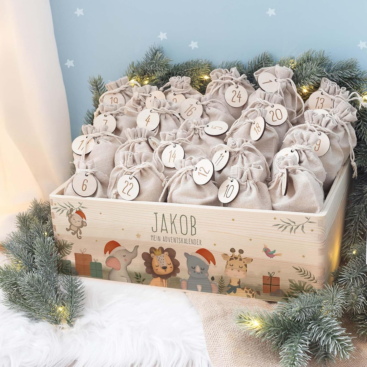 Personalized Advent Box - Wooden Advent Calendar with Name - Engraving Calendar DIY - Christmas Calendar for Children - Hello Mini (Safari Print)