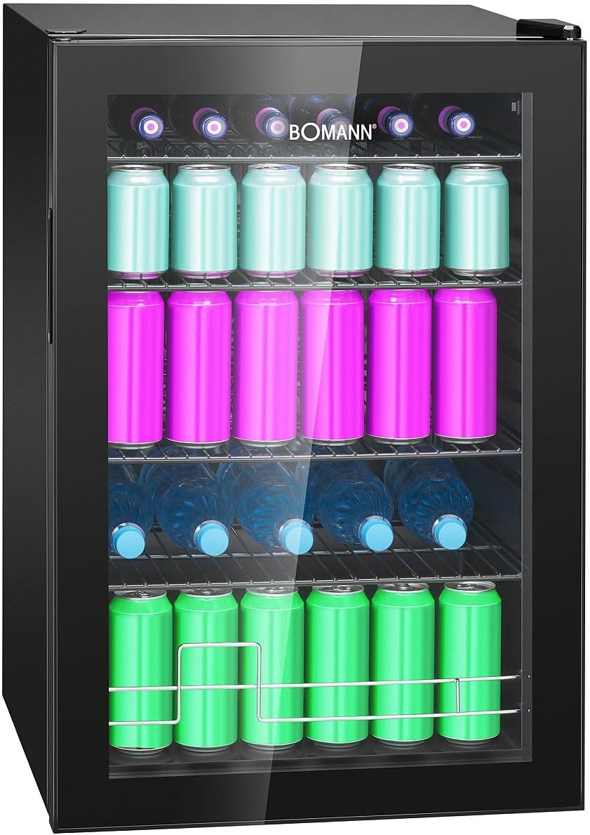Bomann Drinks Fridge 4 Shelves | Up to 178 Cans | Fridge with Glass Door 39 dB Quiet | Fridge Drinks 115 L | Bottle Fridge | Drinks Fridge Large | Beer Fridge KSG 7290
