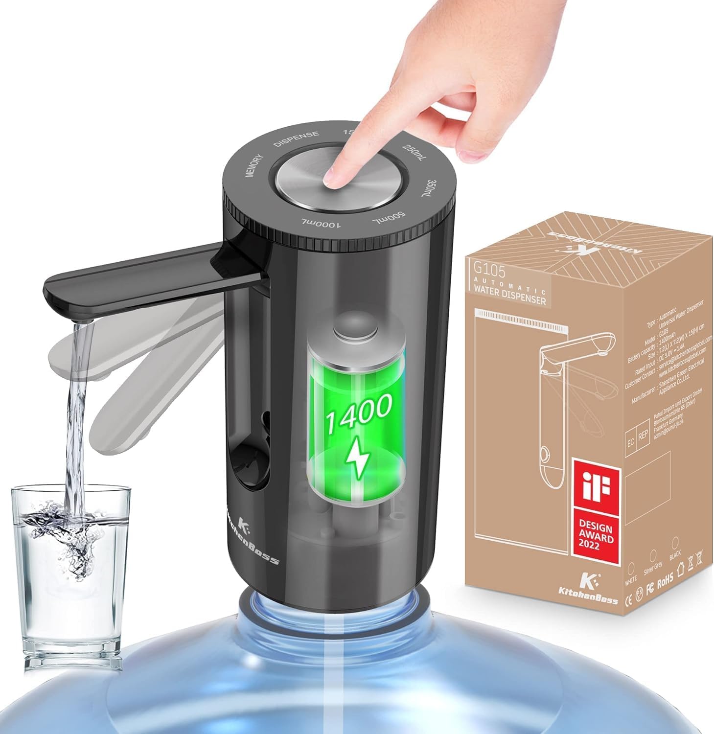 KitchenBoss Water Bottles Pump Bottles Water Dispenser: USB Charging Electric Water Dispenser 1-5 Gallon Water Dispenser Pump