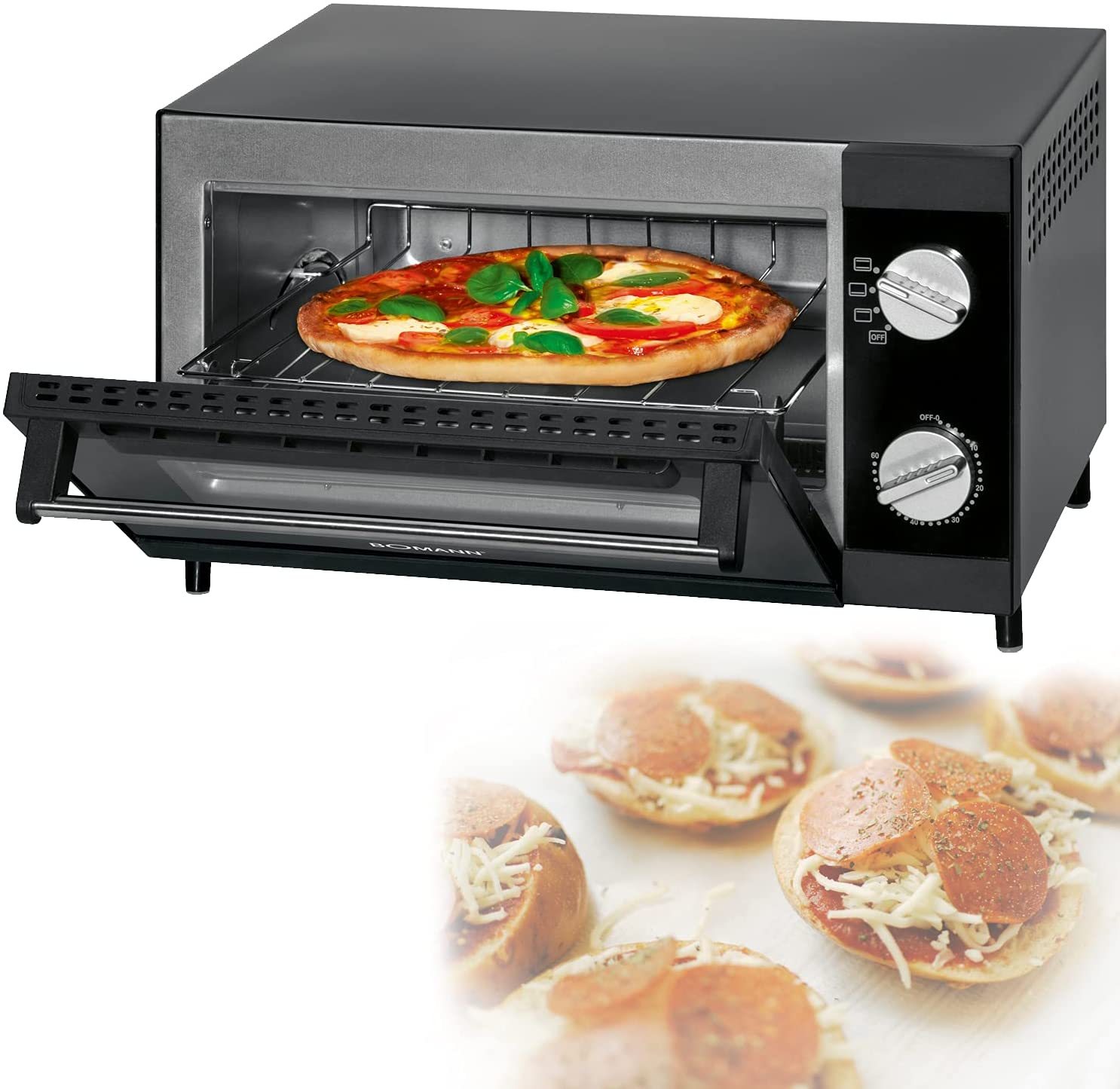 Bomann Mini Oven with Grill Funktionund Upper and Lower Mini Stove Multi Pizza Oven 12 Litre Cooking Chamber (Powerful 1000 Watts + Includes Oven Tray Grill Rack and Cookie Tray)