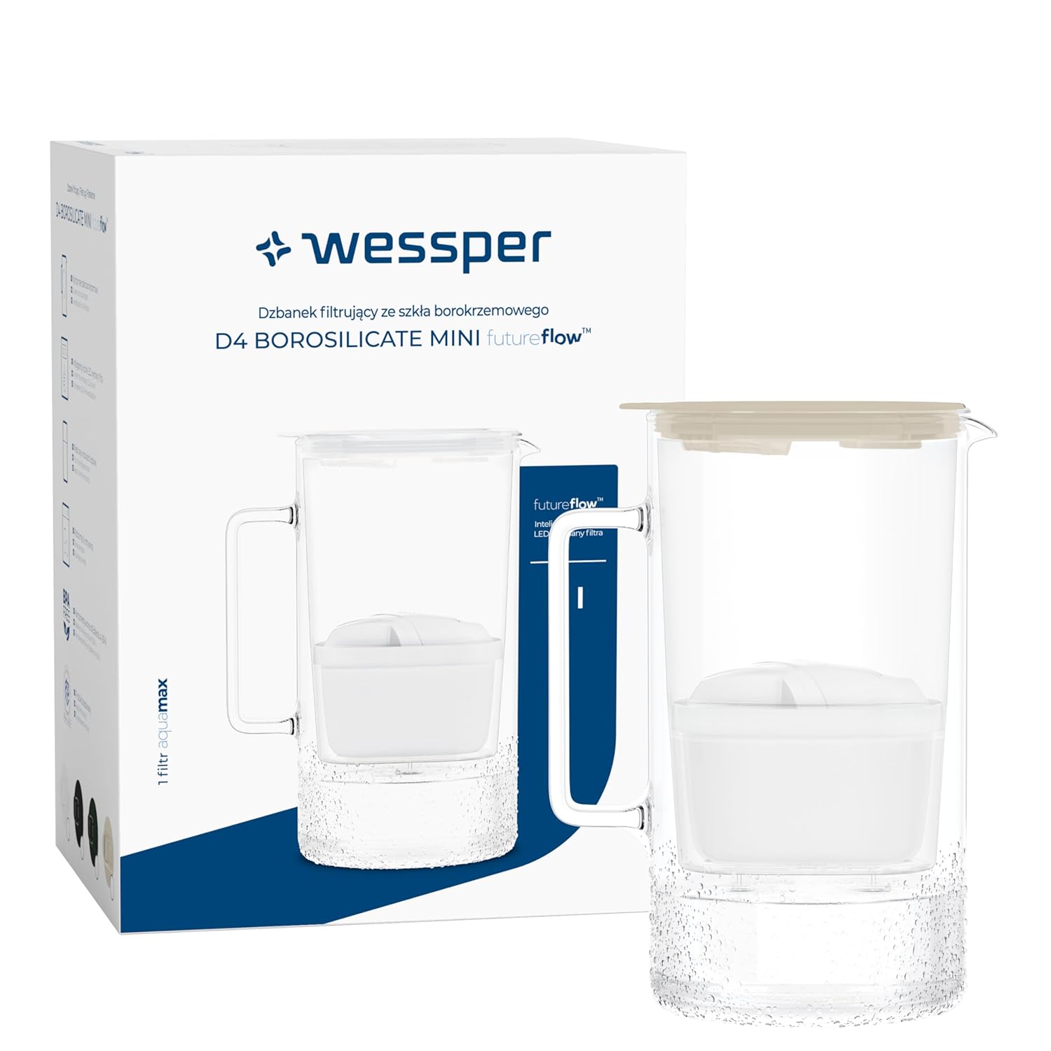 Wessper Glass Water Filter Jug 2 L, BPA-Free Water Carafe with Intelligent Filter Counter Includes 1 x Water Filter Cartridge with Activated Carbon to Reduce Limescale, Chlorine and Heavy Metals Beige