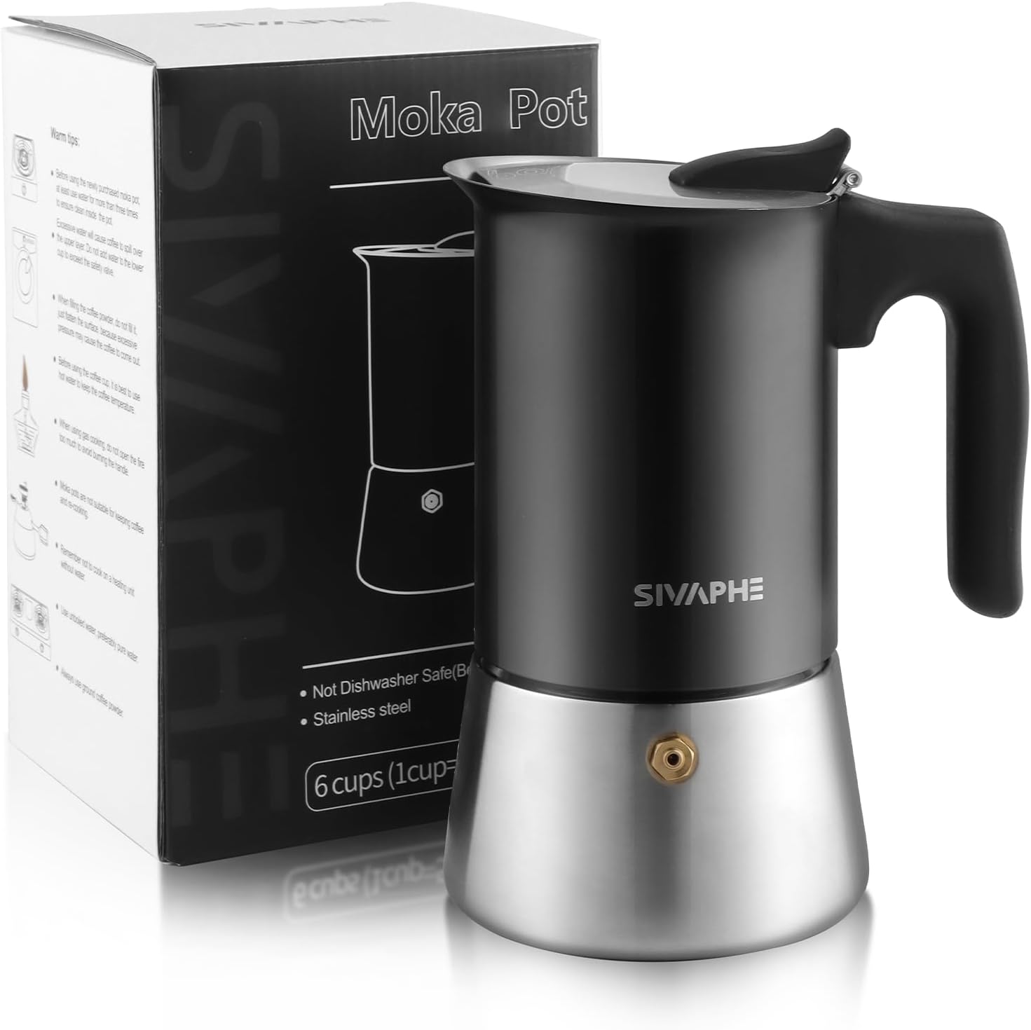 Sivaphe Espresso Maker Induction, Cooker Espresso Machine, Stainless Steel Espresso Jug, Mocha Pot, Espresso Maker, Aluminum-Free, 6 Cups, 300 ml, Black