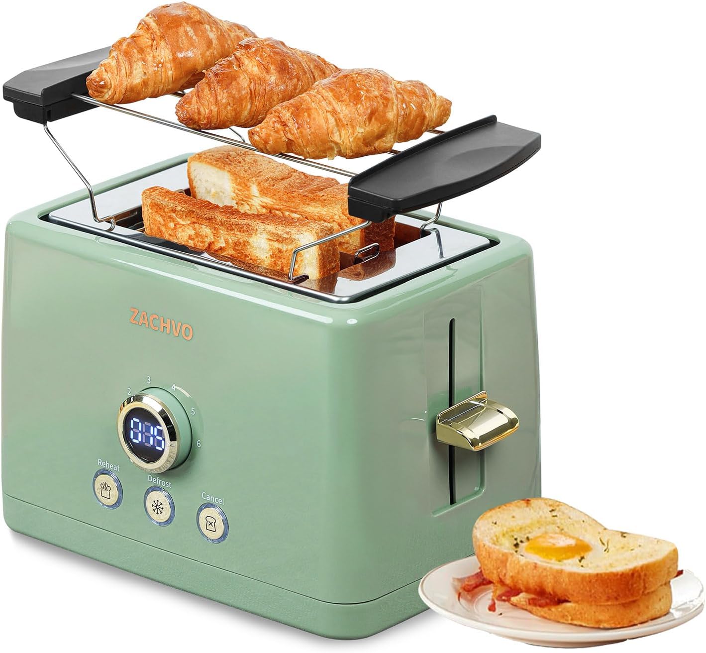 Toaster 2 Slices, ZACHVO Toaster with Bun Attachment, 6 Browning Levels, 850 W Removable Crumb Drawer, LED Screen, High Lift, Warm, Defrost, Cancel Function
