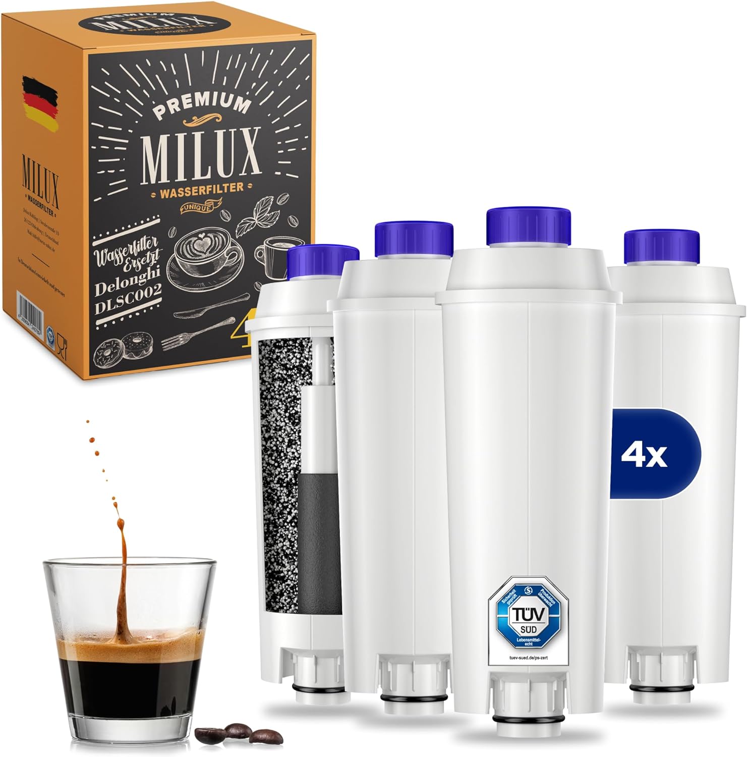 MILUX® Replacement Water Filter for Delonghi Coffee Machines [Set of 4] - Water Filter for DLSC002, Magnifica S/evo, Dinamica & Eletta Explorer - Replaces Delonghi Filter Cartridge - TÜV Certified