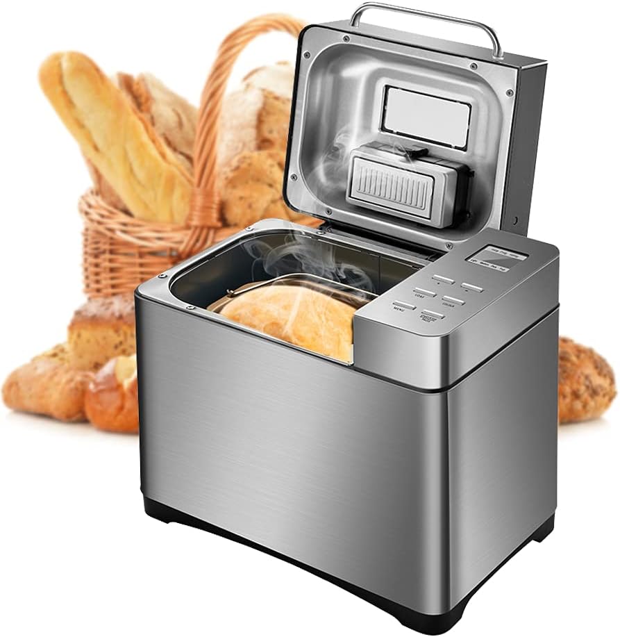 ARBGO Fully Automatic Bread Maker, Nut Distributor and Yeast Dispenser, 19 Automatic Programs, 2 lb Bread Maker, Stainless Steel, Also for Jam / Jam / Pasta Dough, LCD Display, Stainless Steel, 15 Hours