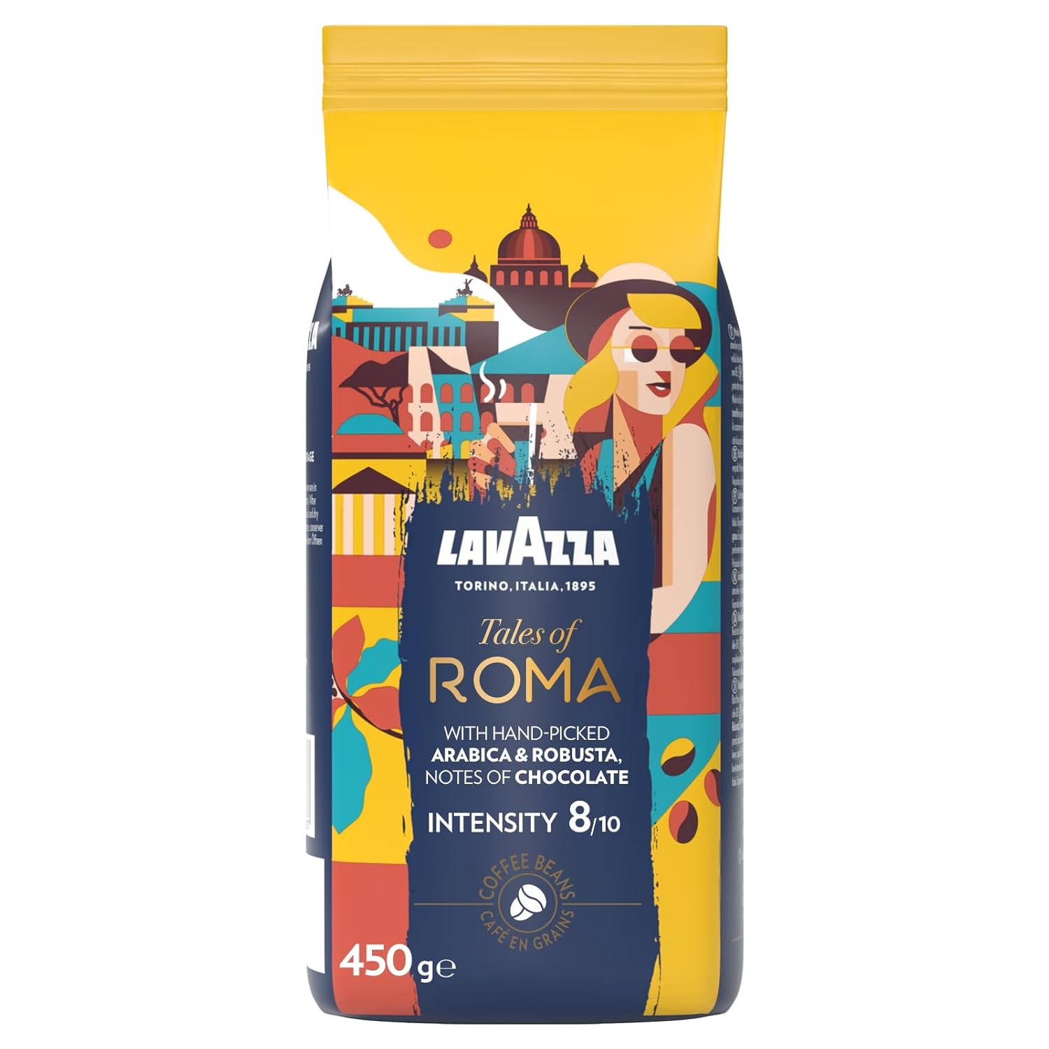 Lavazza, Tales of Roma, Coffee Beans, Ideal for Espresso Coffee Machines, with Aroma Notes of Hazelnut & Dark Chocolate, Arabica and Robusta, Intensity 8/10, Medium Roasting, 450 g