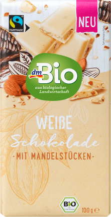dmBio White chocolate with almond pieces, 100 g