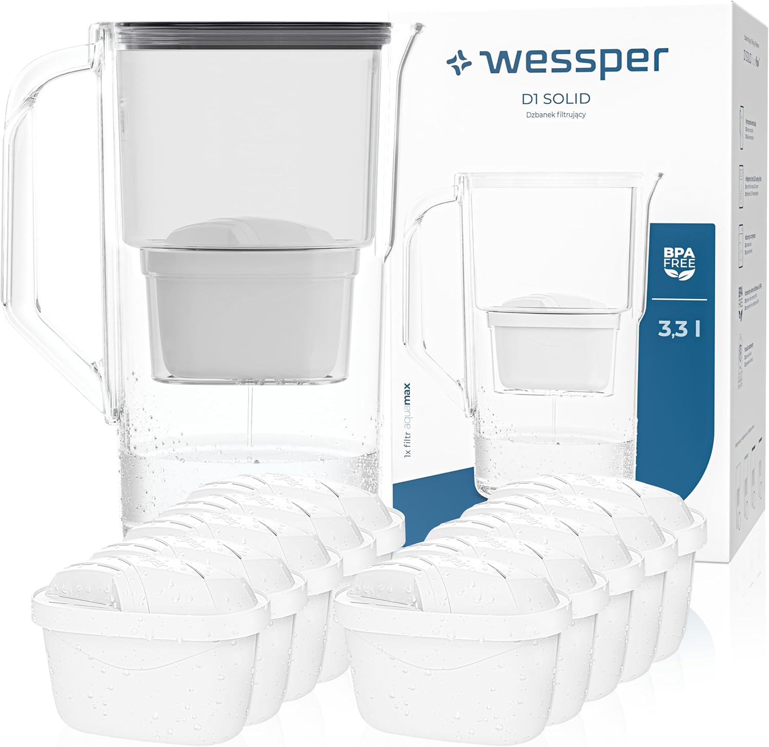 Wessper Water Filter Jug 2.8 L Aqua Max Basic, Set Water Jug and 10 Filters Compatible with Brita Maxtra, Water Filter System Reduction of Limescale, Chlorine - Black