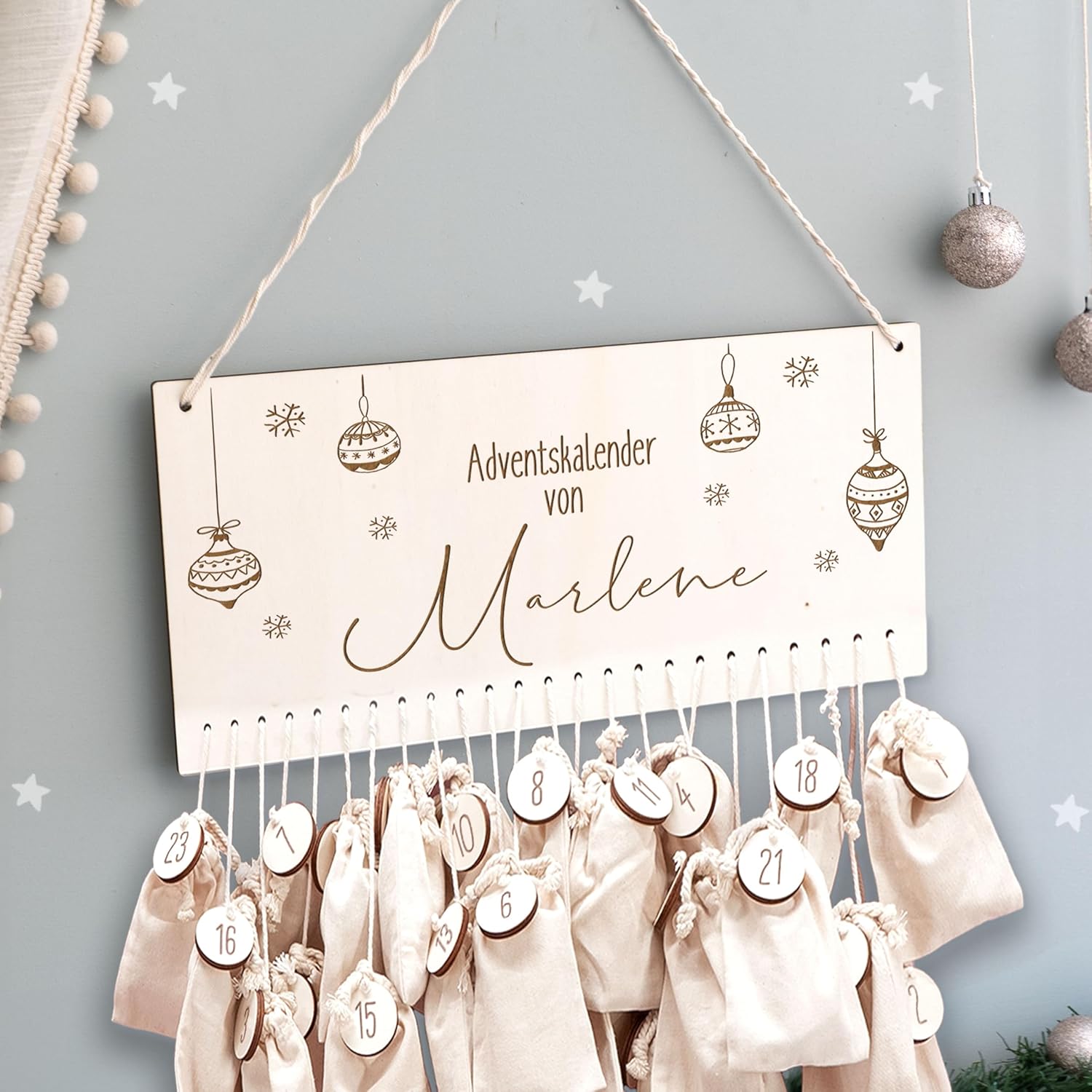 Advent Calendar Personalized for Children, Advent Calendar for Filling, Made of Wood, Wall Mounted Christmas Calendar DIY with Name, Hellomini (Christmas Bauble)