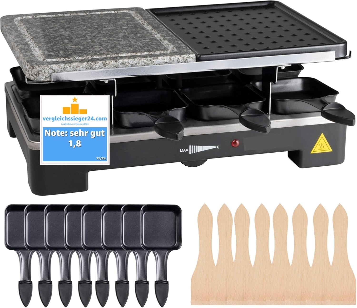 Everhomely Raclette 8 Person Set - With Table Grill & Grill Plate & Stone Plate Function - Includes Pan & Scraper - 1400 Watt - Square