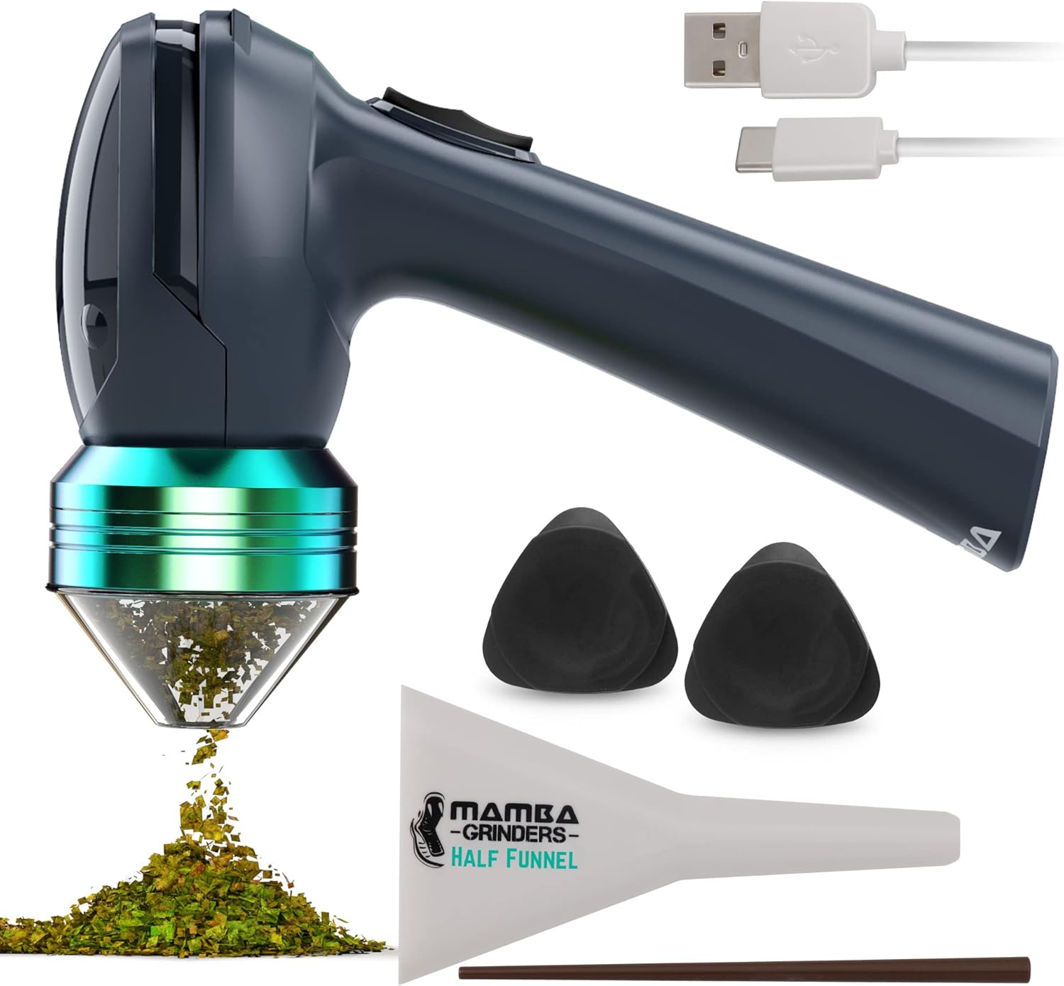 Mamba Grinder Metal Green 1g - Electric Herb Crusher USB Rechargeable Spice Grinder with Dosing Aid and Funnel Head for Easy Filling - Fully Charge Before Use