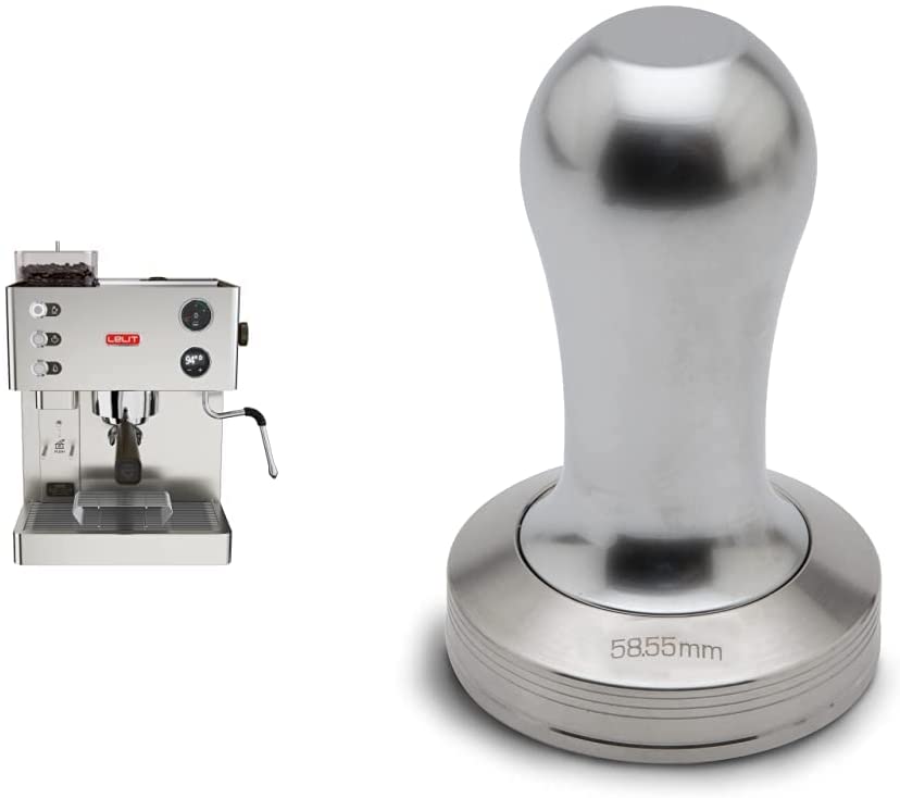 Lelit Kate Pl82t Prosumer Coffee Machine With Grinder and LCC Display for Parameter Control, Stainless Steel, Silver & Pla481a Tamper for Lelit58 Filter, Stainless Steel, Aluminum Handle