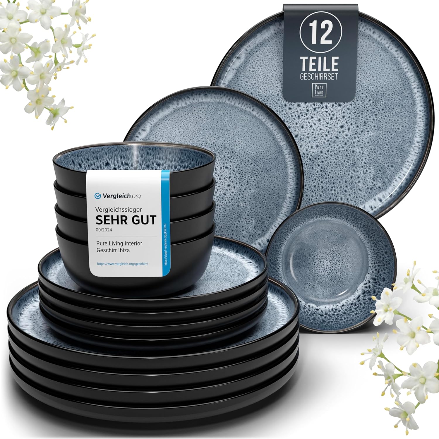 Pure Living Ibiza Stoneware Crockery Set for 4 People, 12 Pieces, Test Winner, Dreamy Mediterranean Stoneware Set, Bowl & Plate Set, Dinner Service for 4 People, Tableware Sets in Smoke Blue
