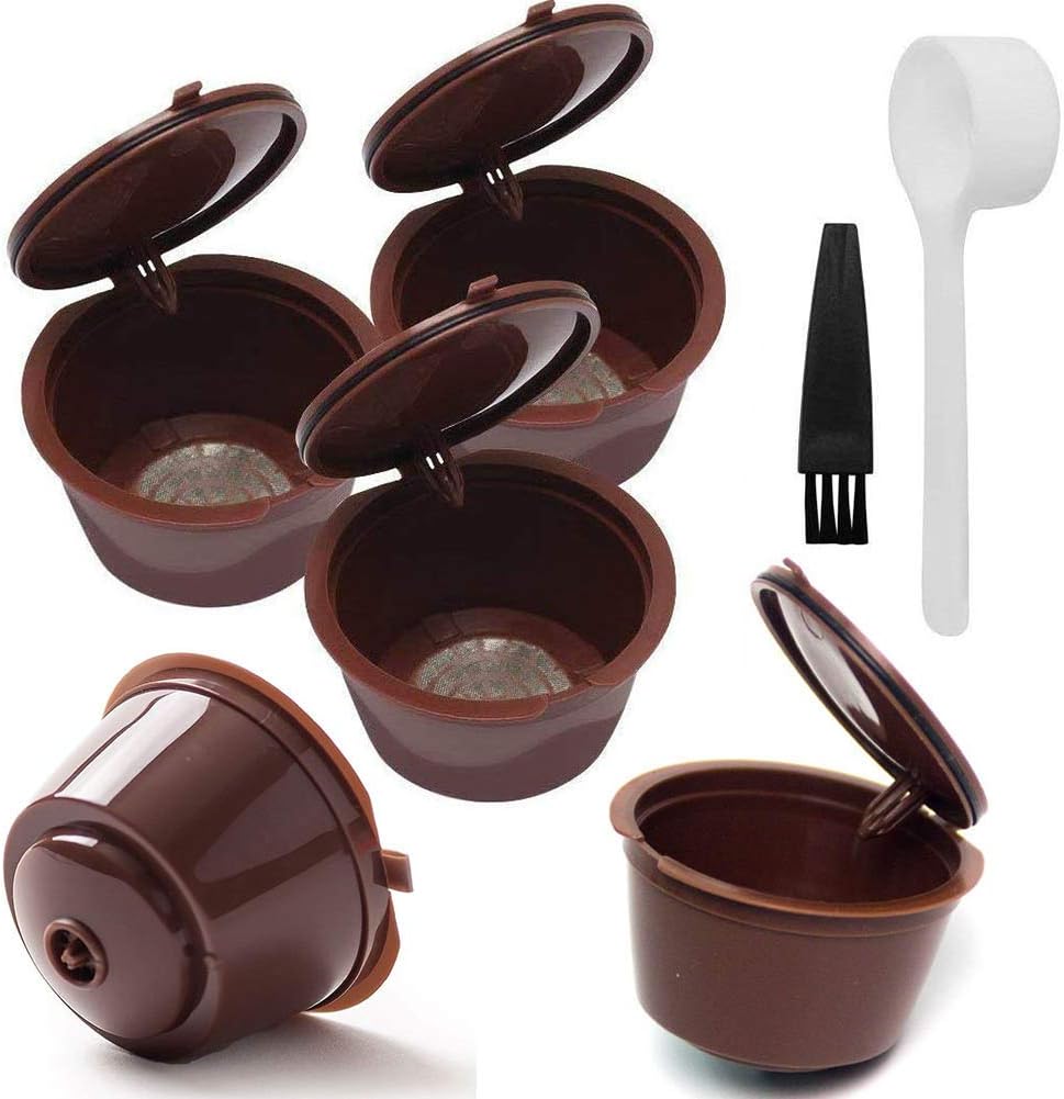 Nesloonp INTVN Replacement Capsule 5 Refillable Capsules Reusable Coffee Capsule Plastic Stainless Steel Filter Coffee Filter for Dolce Gusto Coffee Capsule with Spoon and Brush