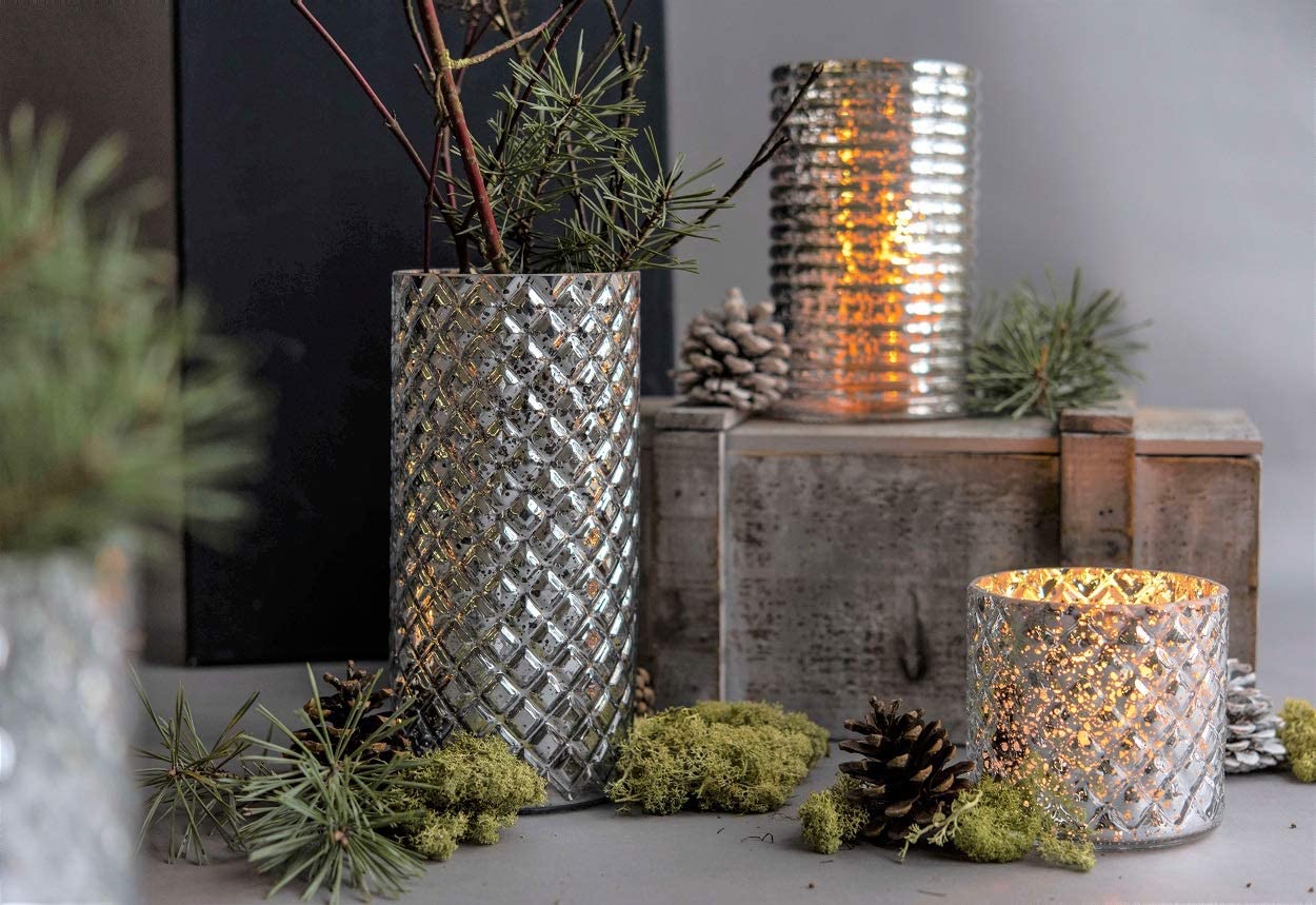 Sandra Rich Cylinder Glass, Lantern, Candle Glass, Vase, Glass Groove Silver Mirrored. 23cm