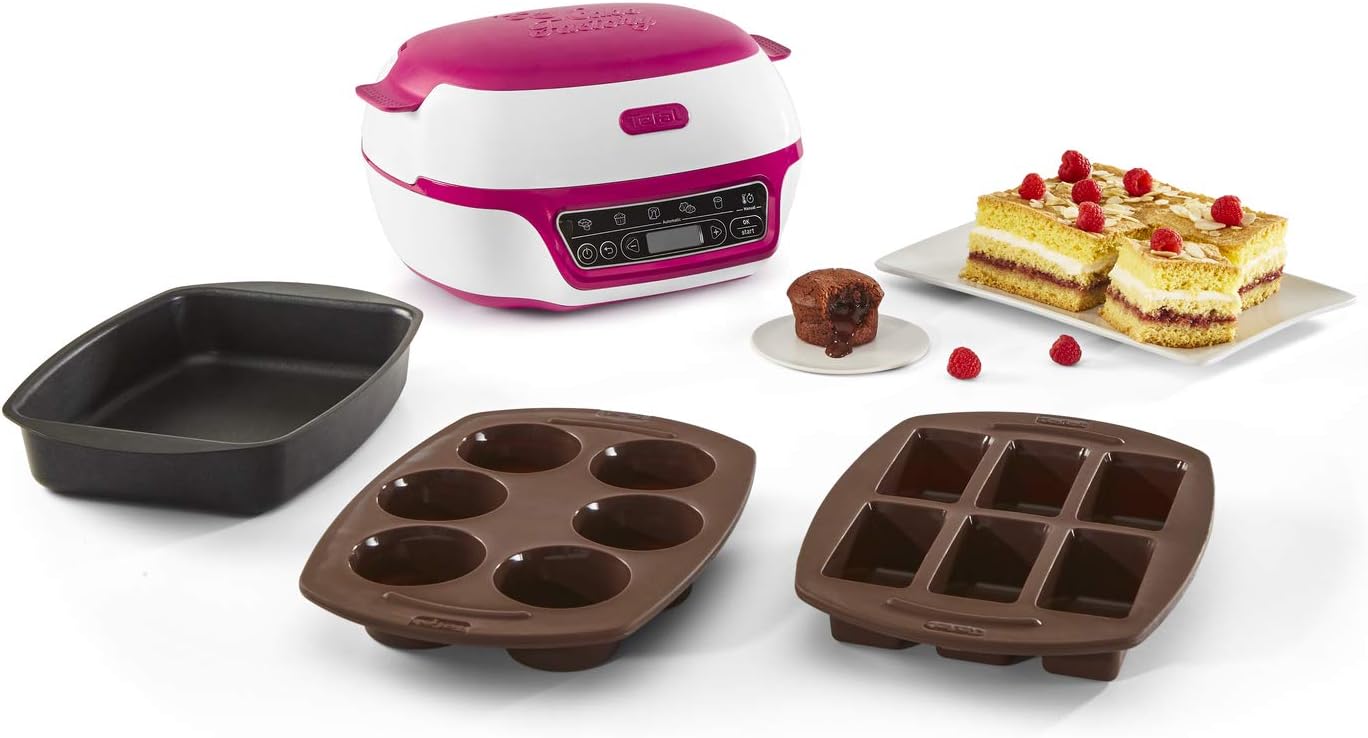 Tefal Cake Factory KD8018 1,200W Smart Cake Maker Mini Oven (Ideal for Muffins, Chocolate Lava Cakes, Cup Cakes, Cereal Bars, Biscuit Cakes incl. Recipe Book) white/purple