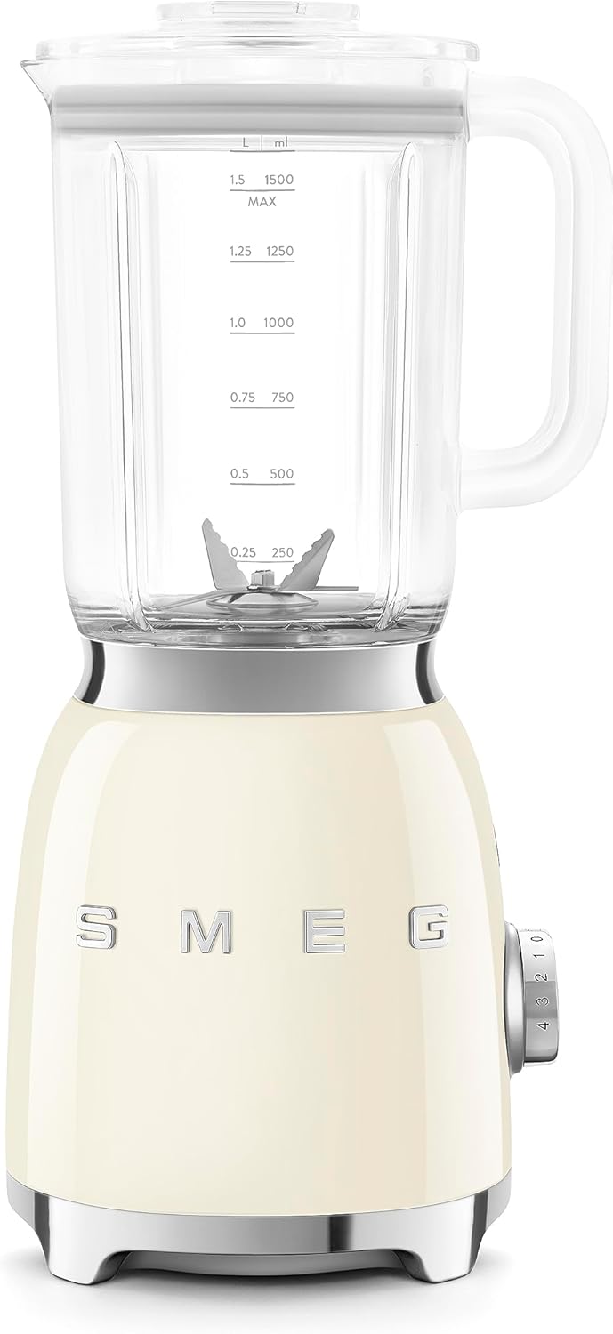 Smeg, BLF03CREU, 1.5 L Blender, 4 Speed ​​Levels, 4 Automatic Programs, Removable Double Blade, Transparent Lid Opening with Dosing Cap, Non-Slip, 800 W, Cream