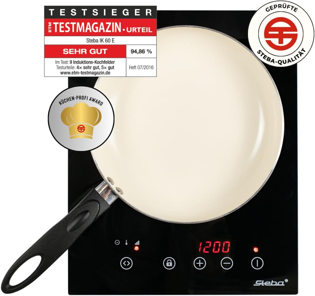 Steba IK 60 E Built-in Induction Hob, Glass-Ceramic Surface on 28.0 x 28.0 cm, Built-In, 10 Power Levels, Touch Control, 2000 Watt,