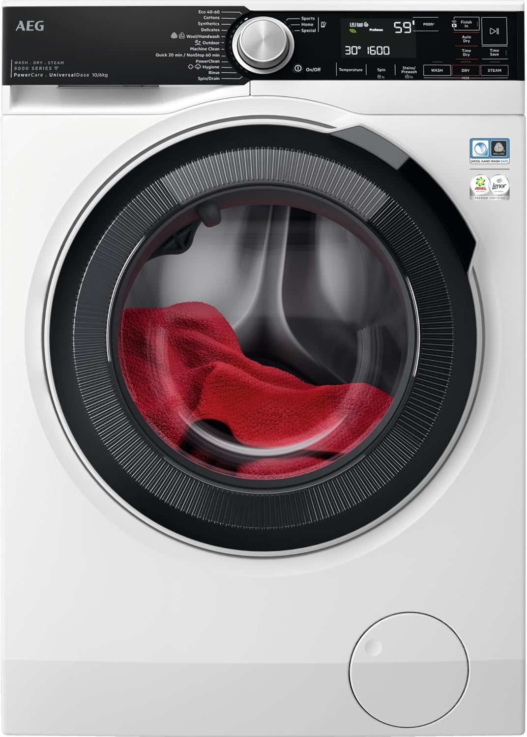 AEG WiFi Washer Dryer, 11 kg Wash, 7 kg Drying, Series 8000 PowerCare - Fibre-Gentle Washing and Drying at Low Temperature, Energy Saving, Universal Can Drawer, 1600 rpm, LWR8E80610