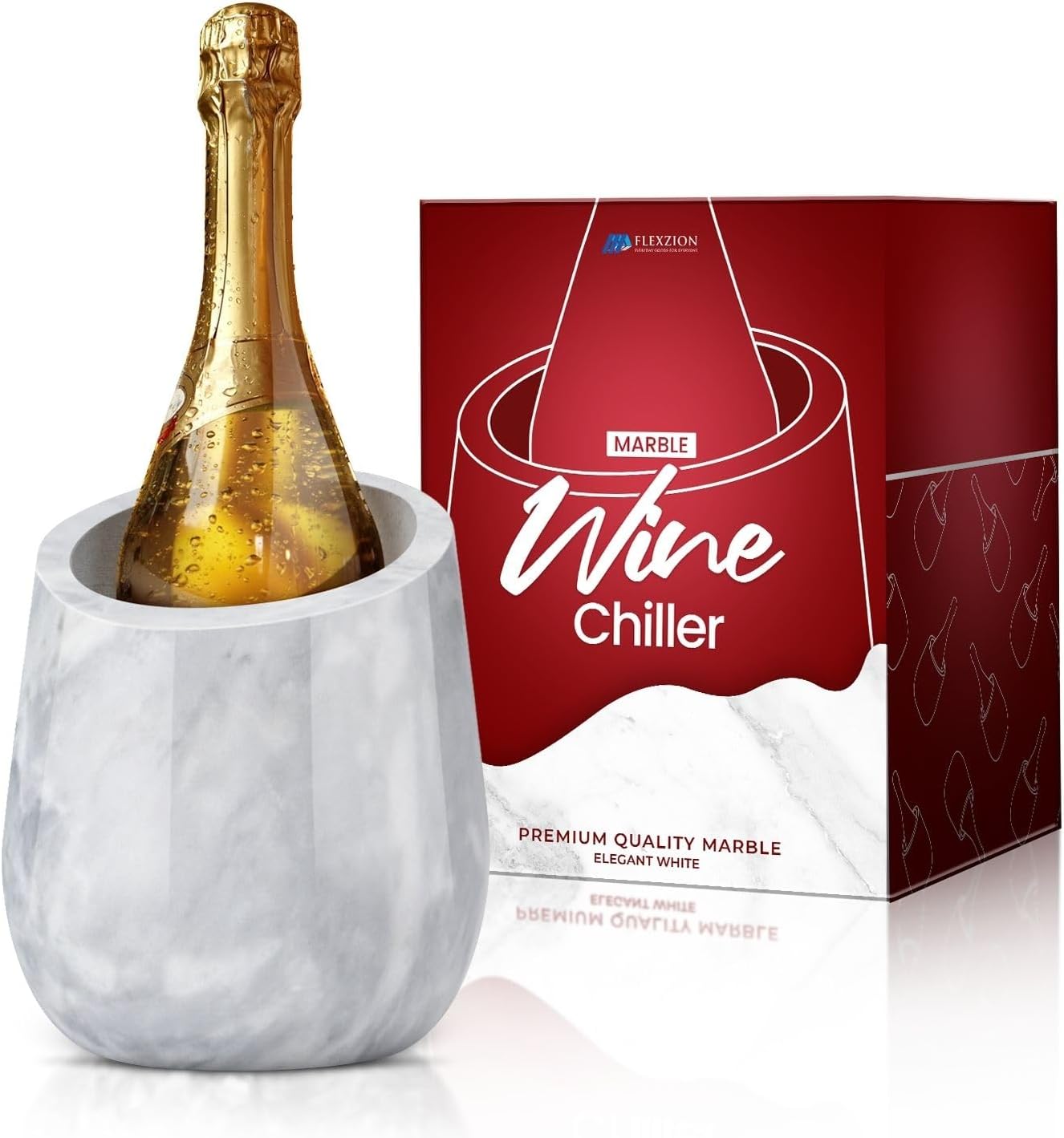 Flexzion Marble Wine Cooler Bucket - Champagne Cooler, Wine Cooler for Bottles & Multipurpose Kitchen Utensil Holder - 750ml Adjustable Stone Wine Bottle Cooler for Party, Bar, Home Decoration, White