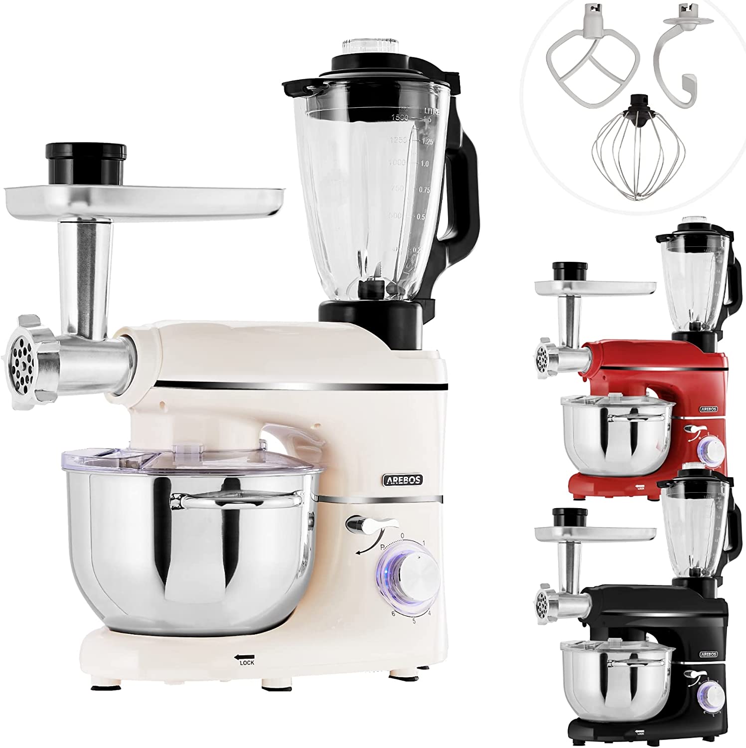 Arebos 6-in-1 Food Processor 1500 W Cream Meat Grinder Blender Pasta Machine Kneading Machine with Stainless Steel Bowl 5.5 L Kitchen Mixer with Mixing Hook, Dough Hook, Whisk, Splash Guard