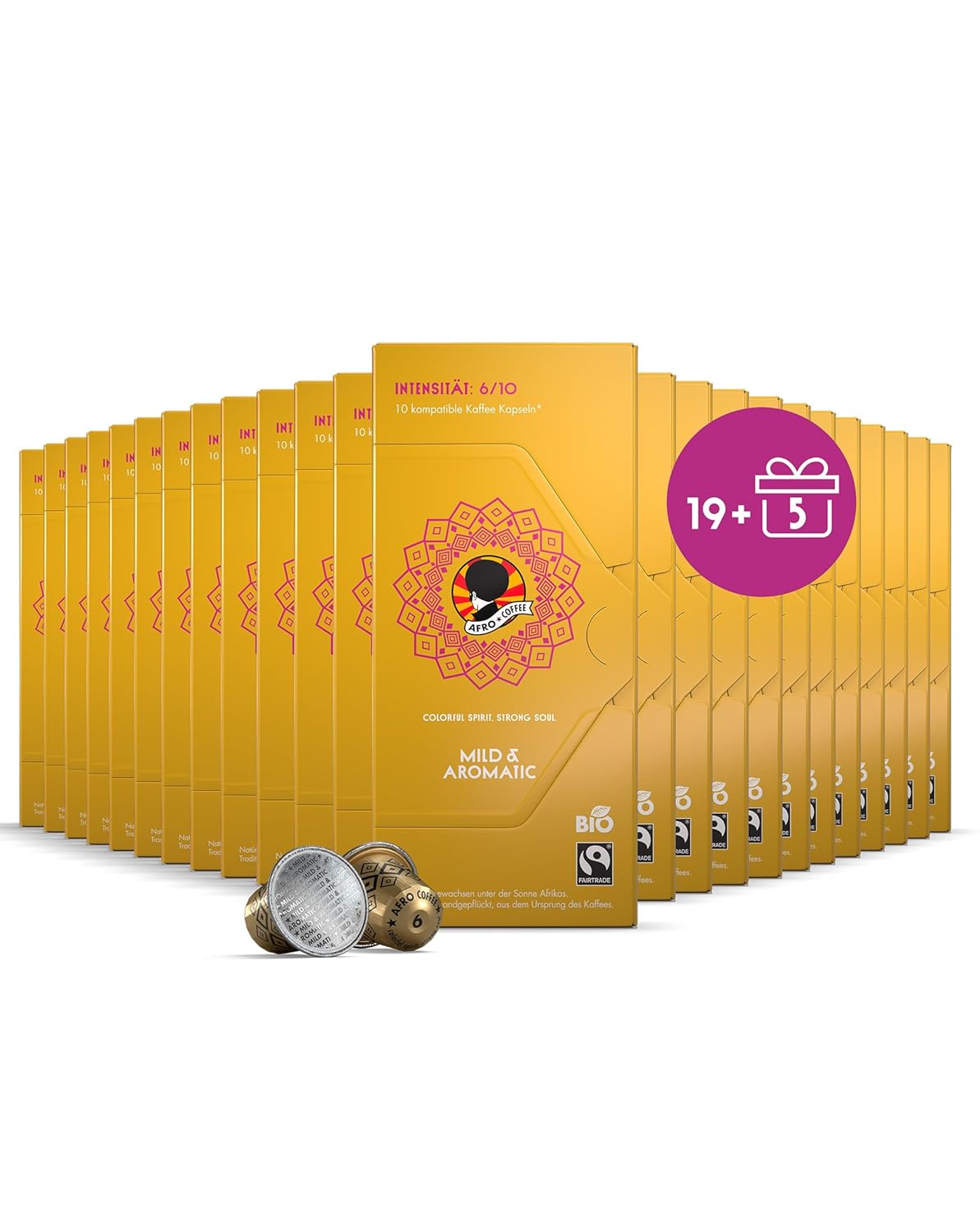 AFRO COFFEE Mild & Aromatic Organic I Offer 19+5 I 240 Premium Coffee Capsules Fairtrade I Arabica & Robusta Capsules I in Compatible Coffee Capsules I Coffee from East Africa I Medium Roasted & Low Acid