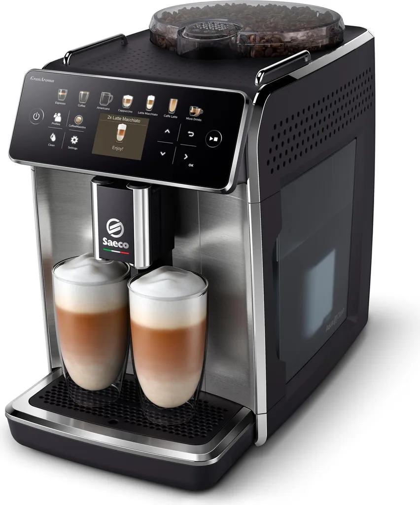 Saeco GranAroma fully automatic coffee machine, 16 coffee specialties, 6 profiles, TFT display, metal, black (SM6585/00)