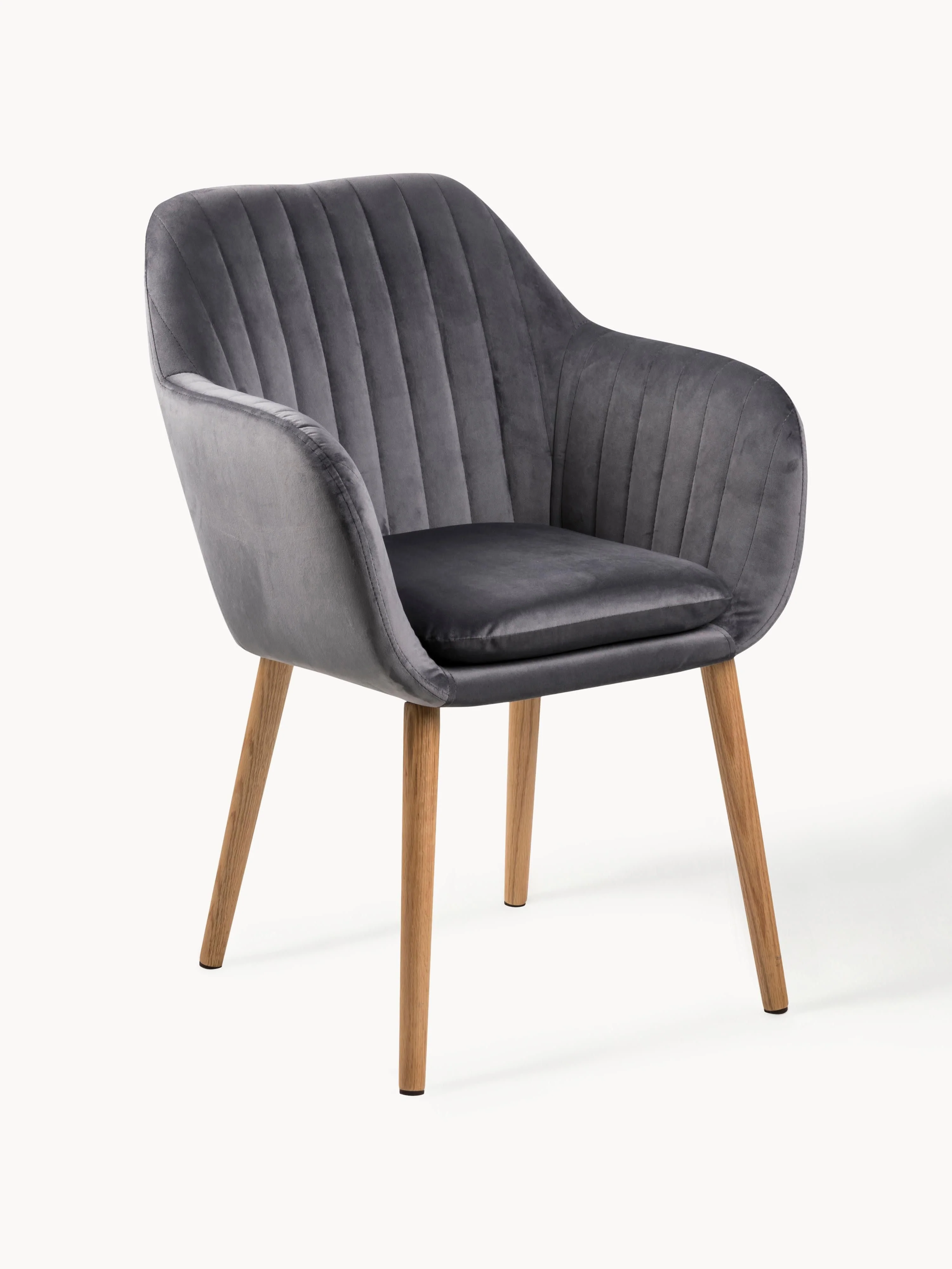Westwing Collection Emilia velvet armchair with wooden legs - Dark grey velvet, oak wood