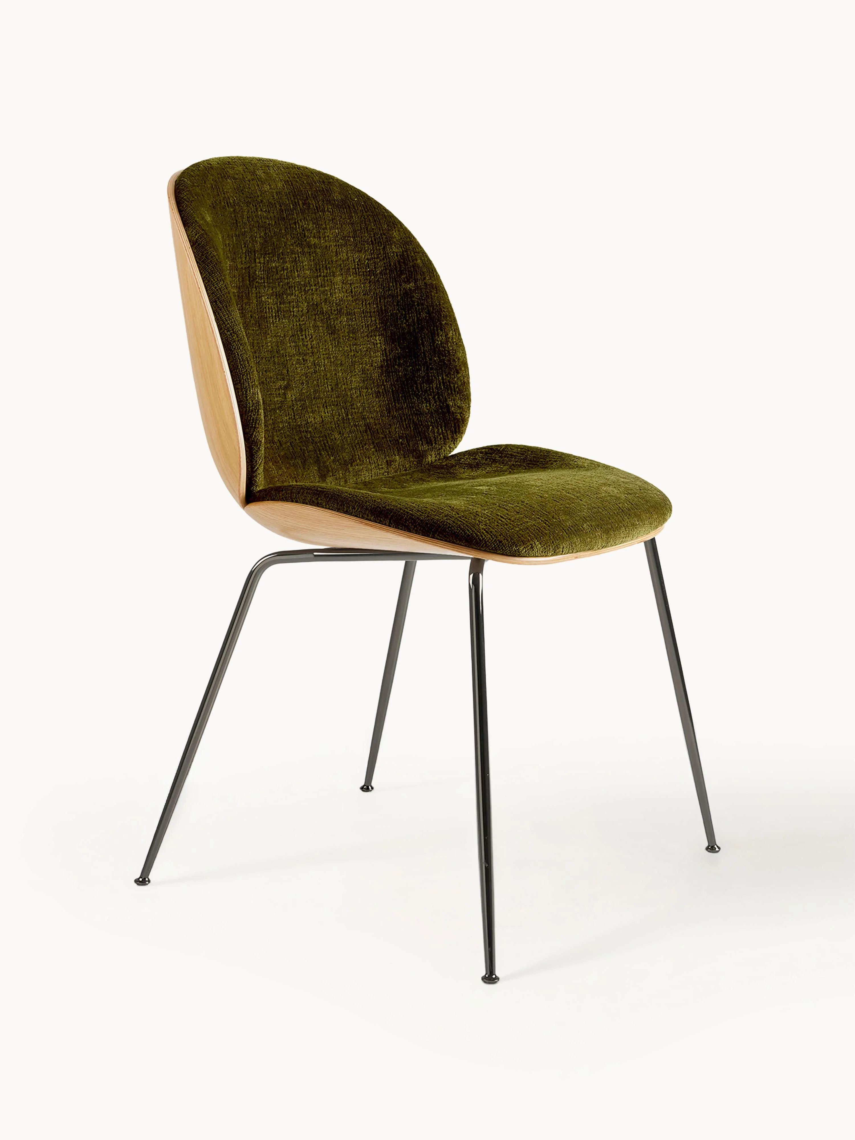 gubi Velvet upholstered chair Beetle with seat shell, Velvet olive green, oak wood, glossy black