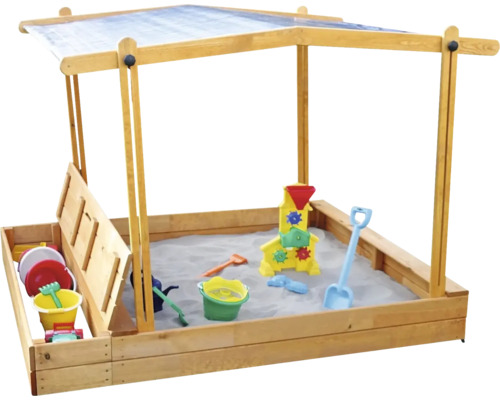 Multi-purpose sandbox with seat box and sunshade, wood, 172 x 140 x 131 cm, brown