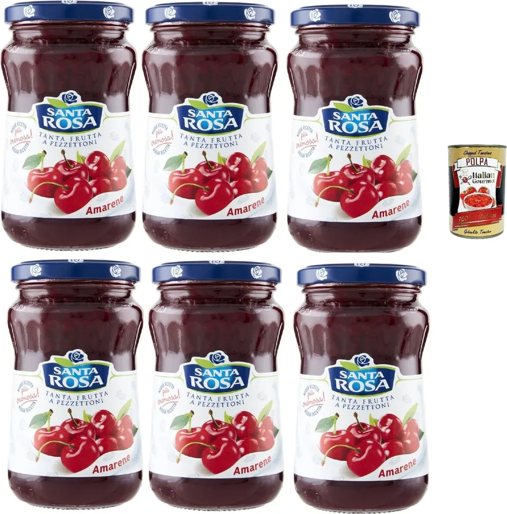 Santa Rosa, Amarena Cherry Confectionery, Black Cherry Jam, Wild Cherry Jam, ideal for desserts and cakes 6 x 350g + Italian Gourmet Pomace 400g