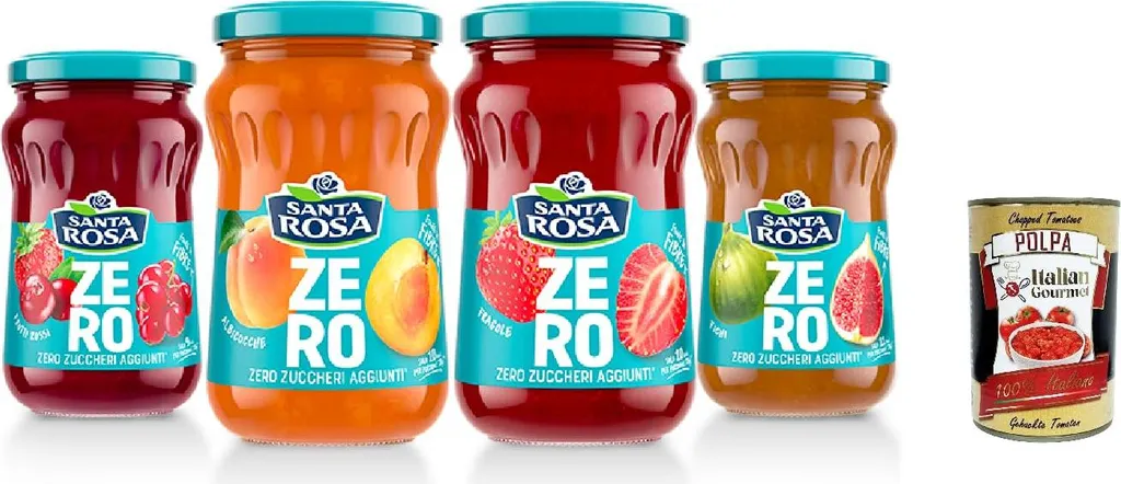 Santa Rosa Zero Confettura Sample Pack, Jam with No Added Sugar, Free from Preservatives, 4 x 300g Jars + Italian Gourmet Polpa 400g