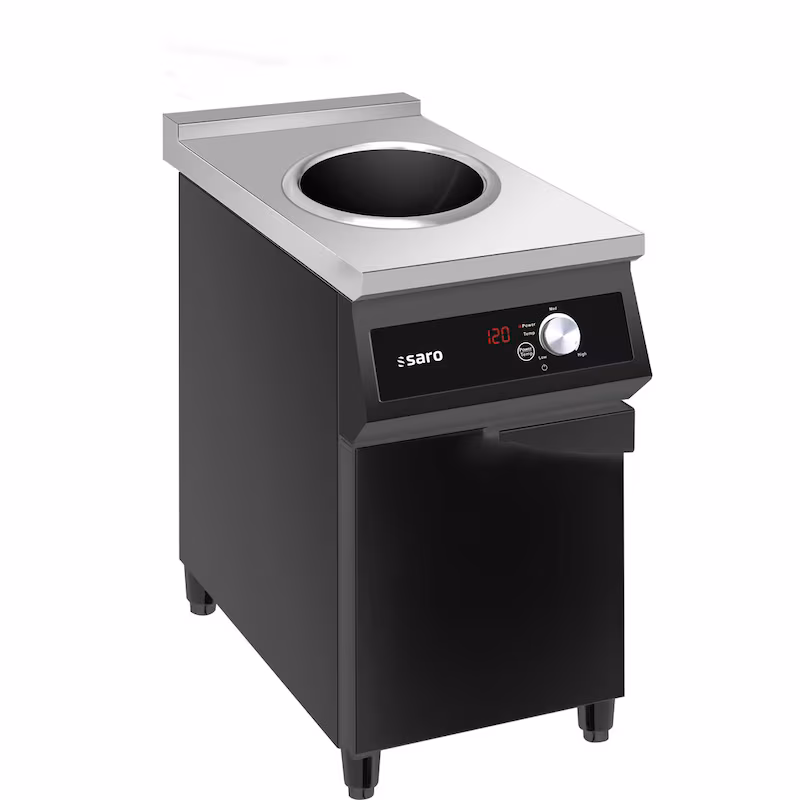 SARO wok induction hob model THEO, freestanding induction hob with wok cooking surface and base cabinet with door