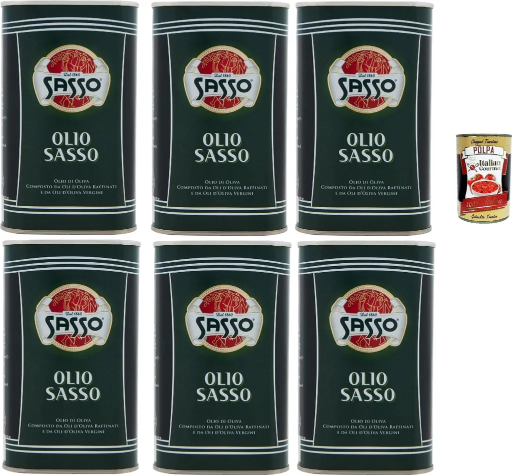 Carapelli Firenze S.p.A. Sasso Olio di Oliva – Italian olive oil made from refined and virgin olive oils – mild and balanced, ideal for cooking, frying, deep-frying & dressings – metal can – 6 x 500ml + Italian Gourmet polpa 3400 ml