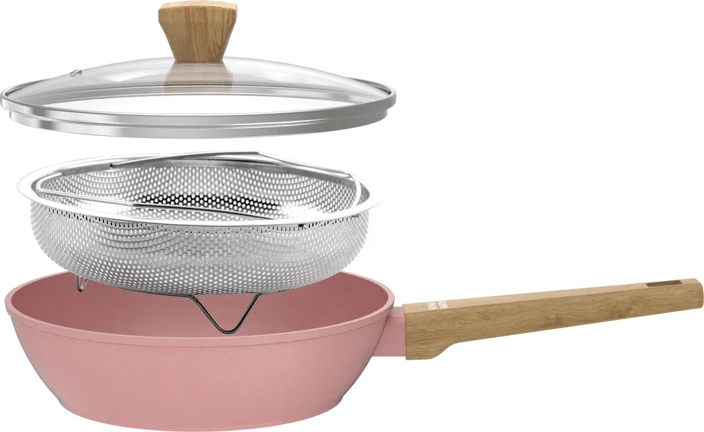 Saute pan, Arthur Martin AM0333, Ø 24 cm, ceramic coating, incl. lid and stainless steel basket, suitable for induction hobs, pink