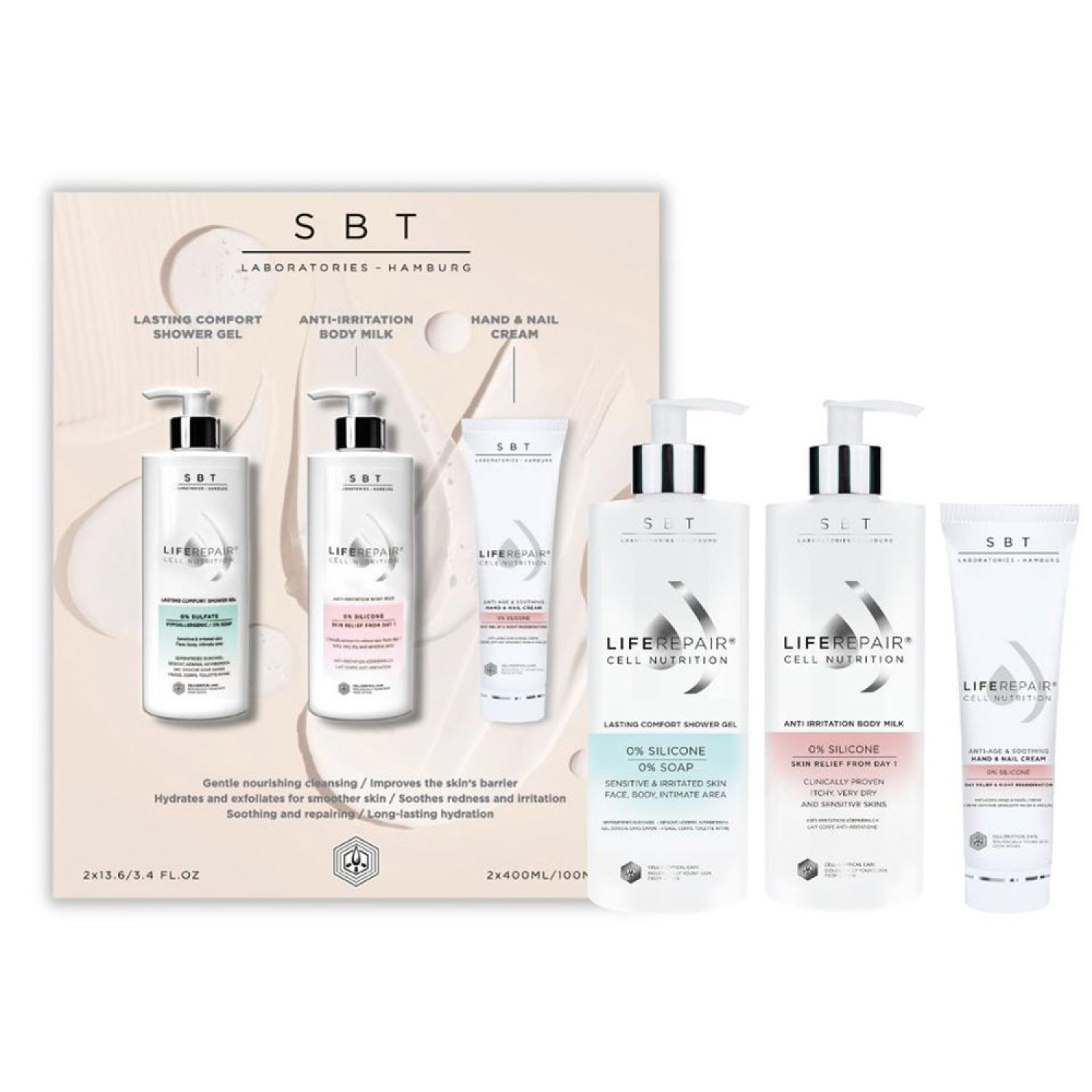 SBT Sensitive Biology Therapy LifeRepair Body Milk +Shower Gel +Hand&Nail Cream 2x400 ml